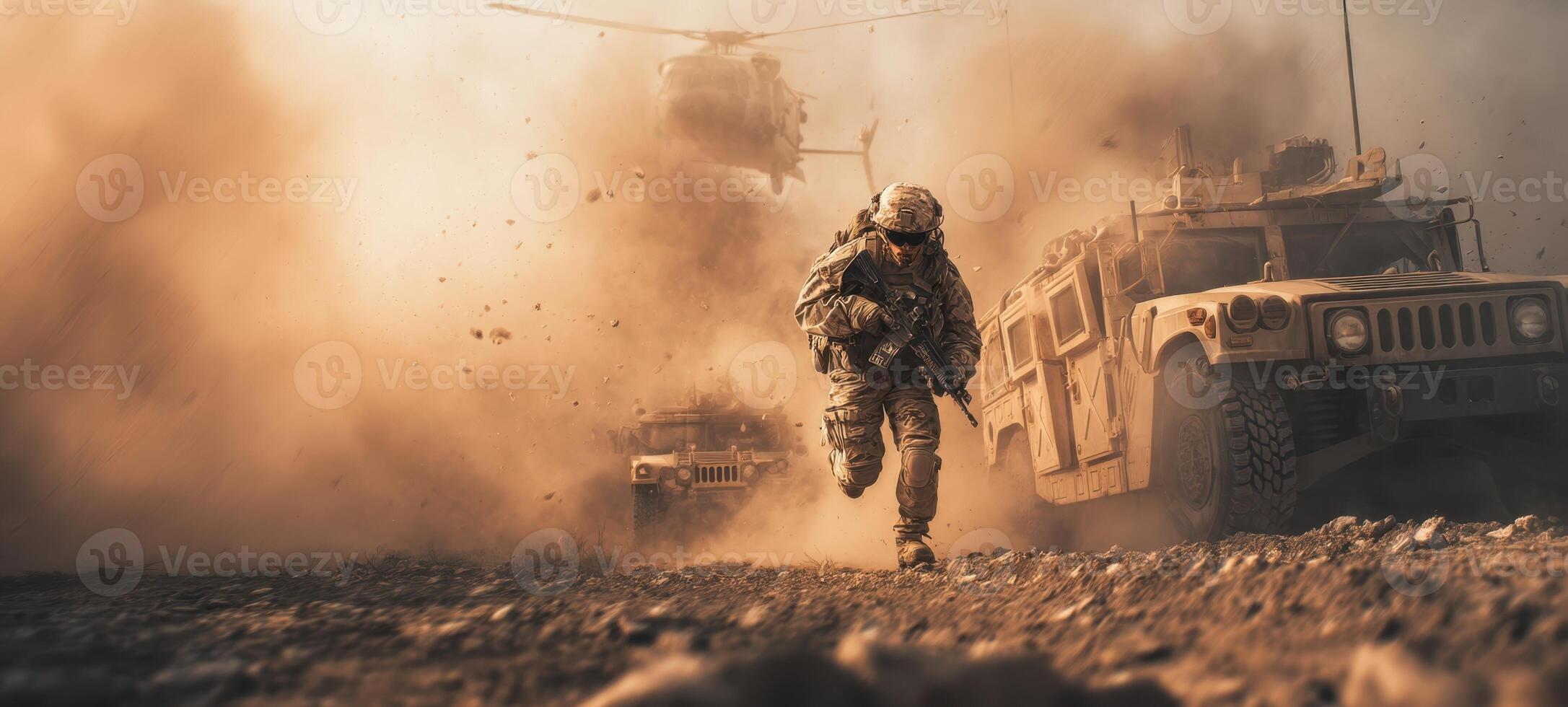 The soldier running through dust during a military operation with helicopters overhead. photo