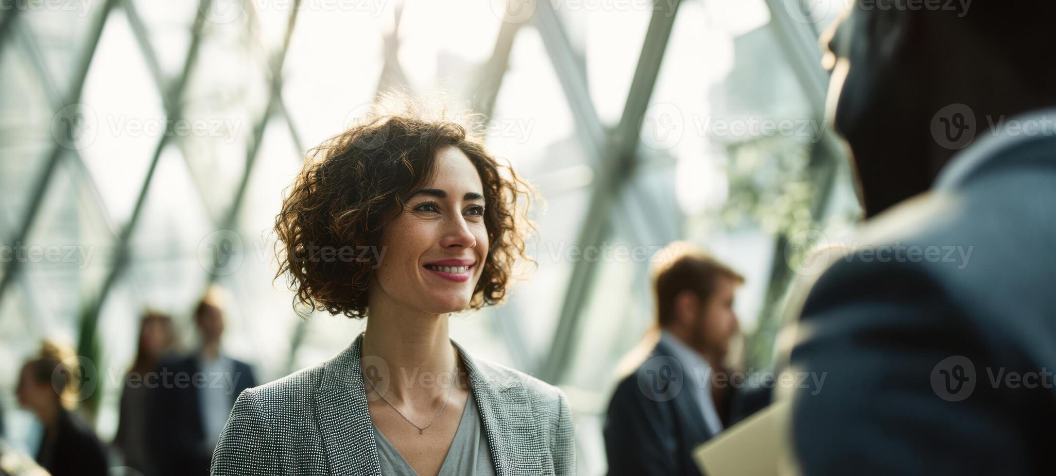 The woman smiling during a conversation in a modern corporate environment. photo