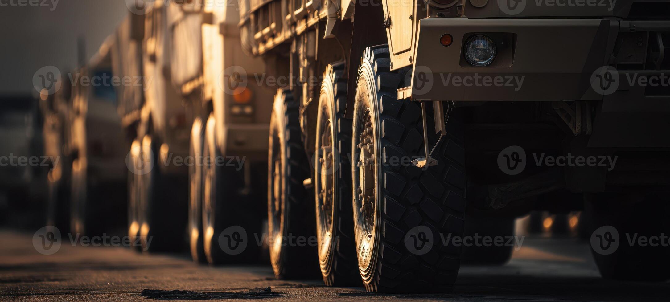 The line of military transport trucks on a dusty road at sunset. photo