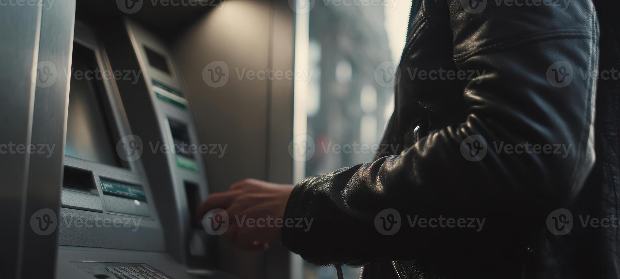 The person using an ATM in an urban environment during the day. photo