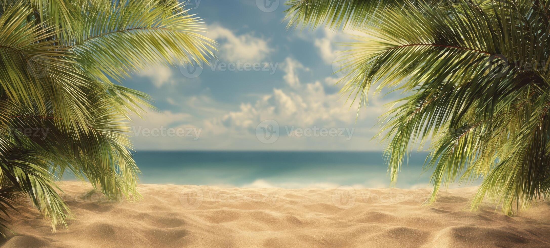 The tranquil beach view framed by lush palm trees and blue ocean. photo