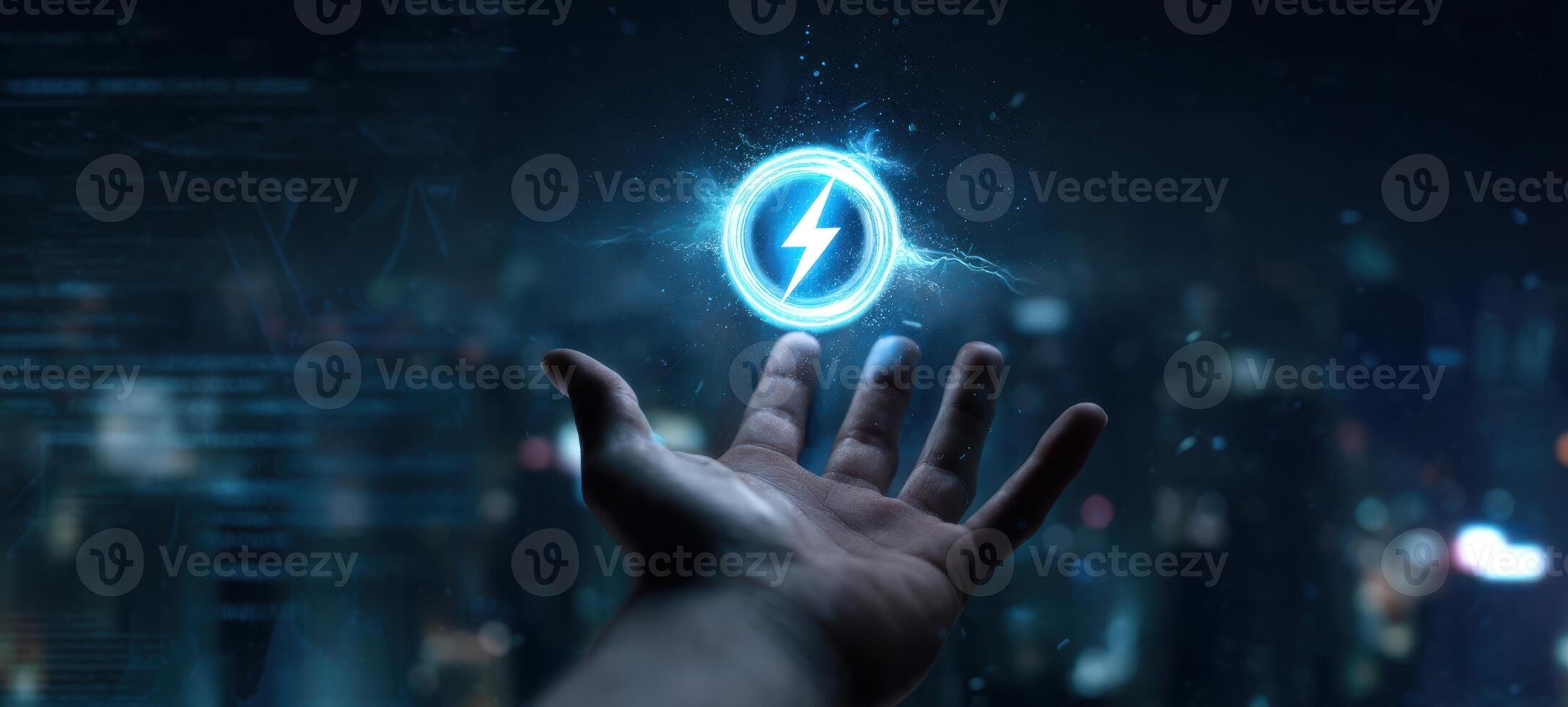 The hand reaching out to grasp a glowing electric energy symbol in a futuristic setting. photo