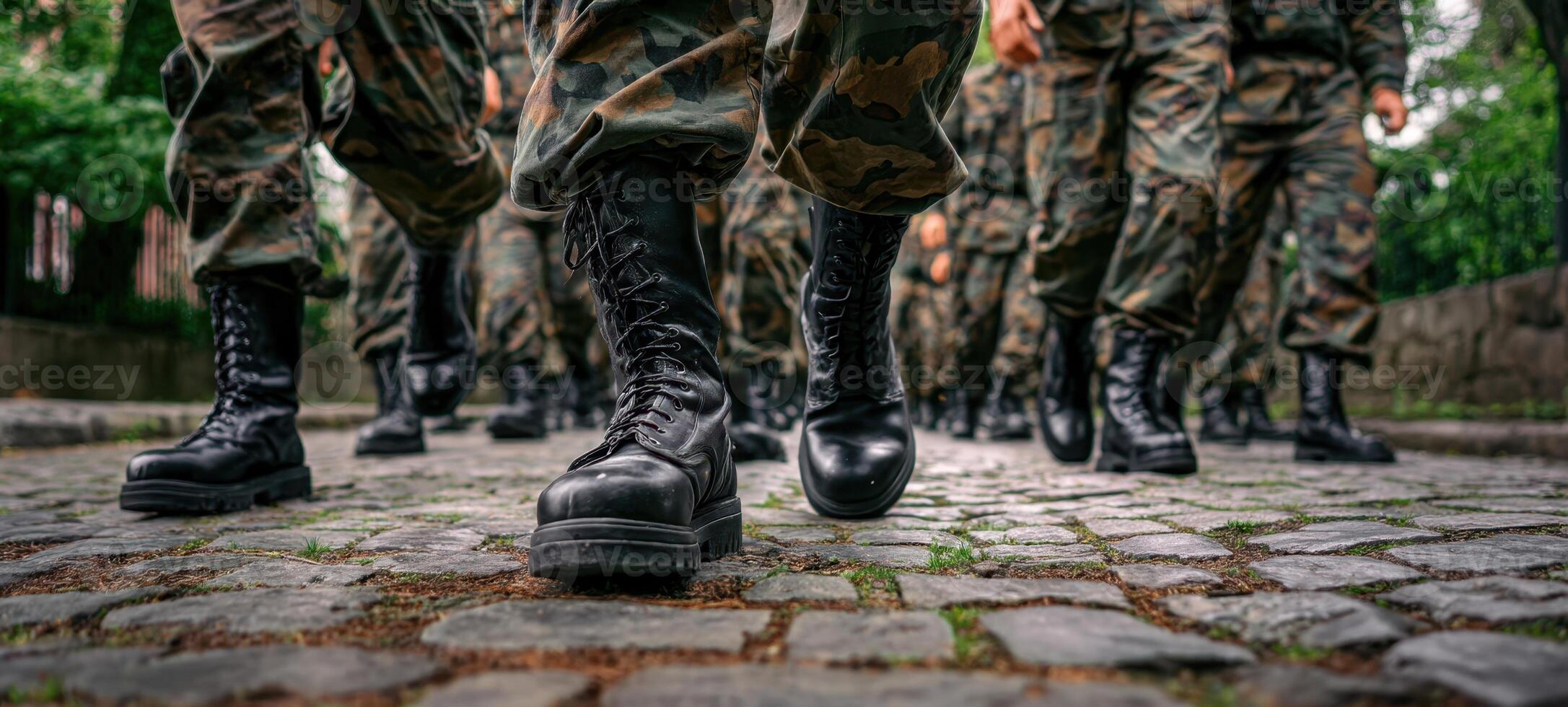 The soldiers march in unison, showcasing discipline and teamwork on the ground. photo