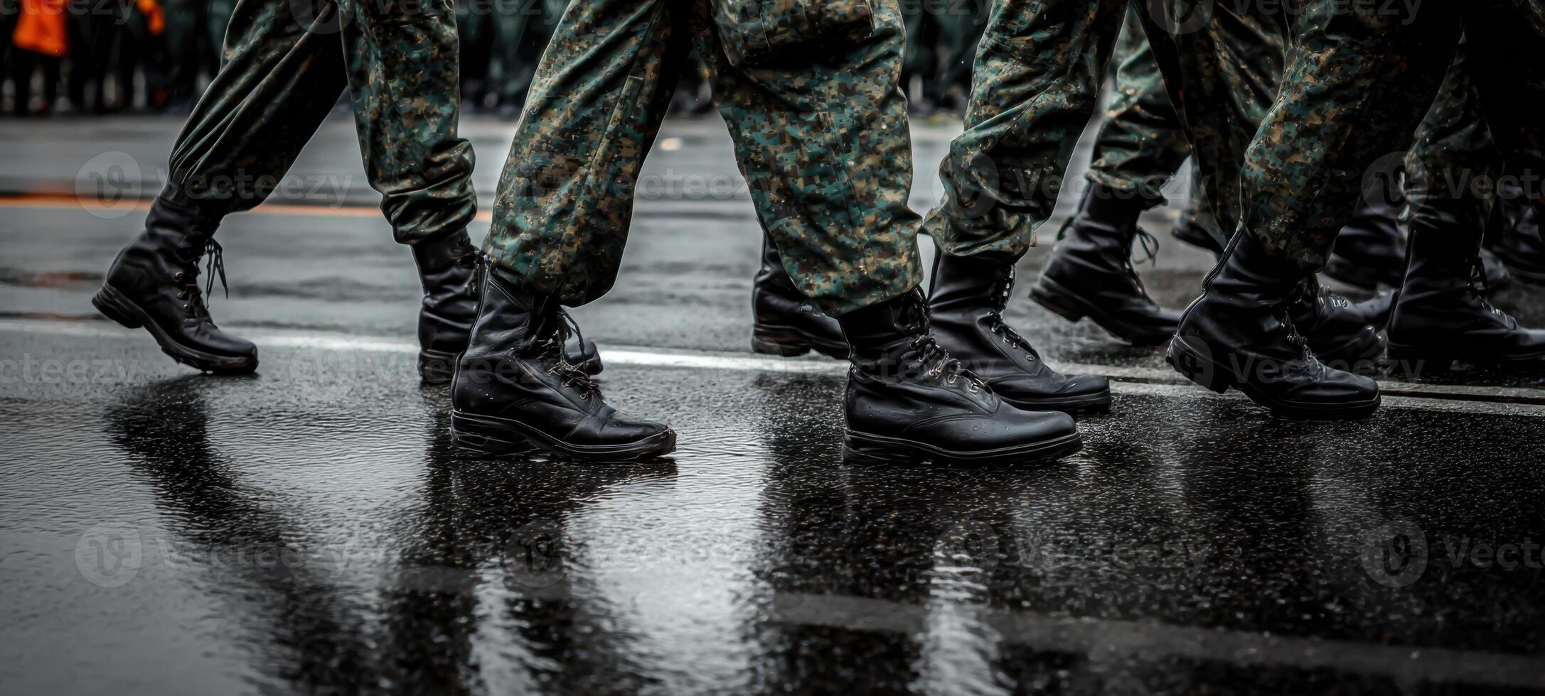 The soldiers marching in formation with polished boots on a rainy day. photo