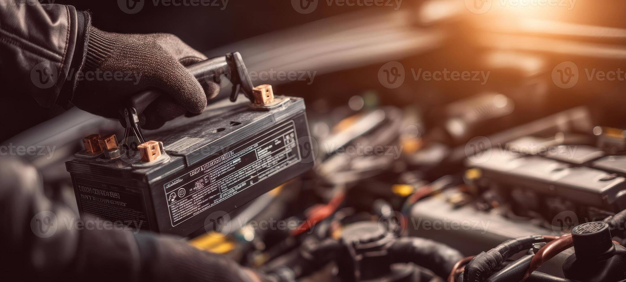 The technician handling a battery during automotive maintenance in a workshop. photo