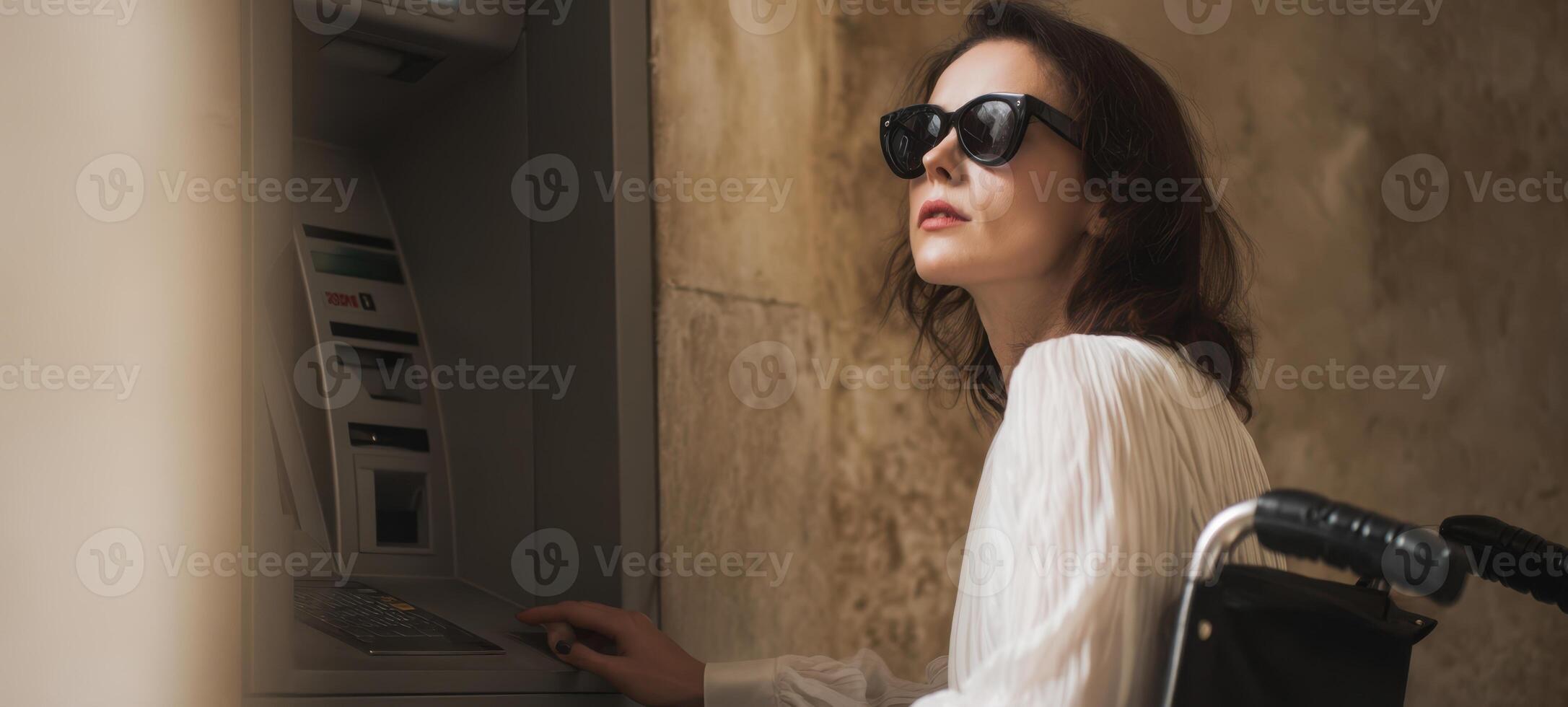 The woman using an ATM while sitting in a wheelchair, showcasing independence and style. photo