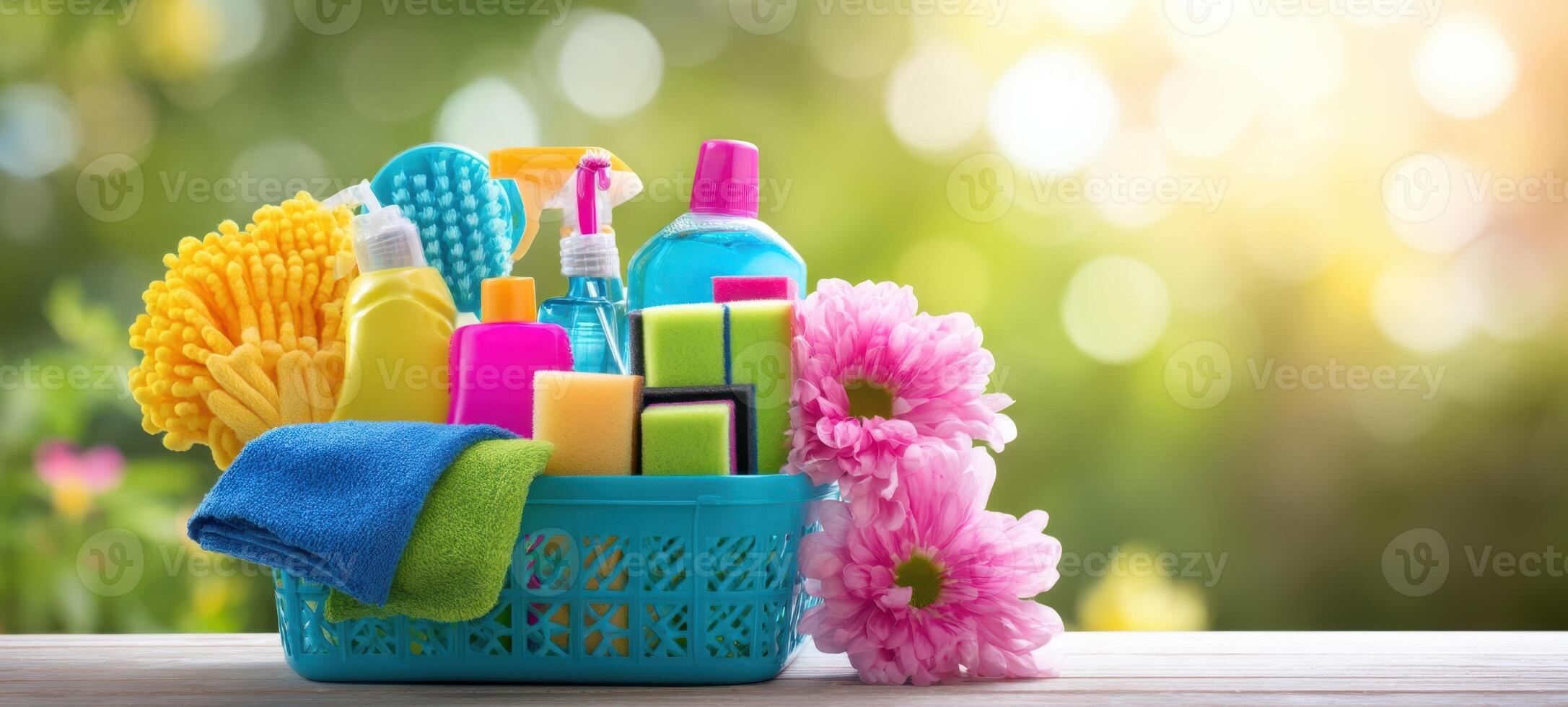 The vibrant cleaning supplies basket beautifully arranged with fresh flowers. photo