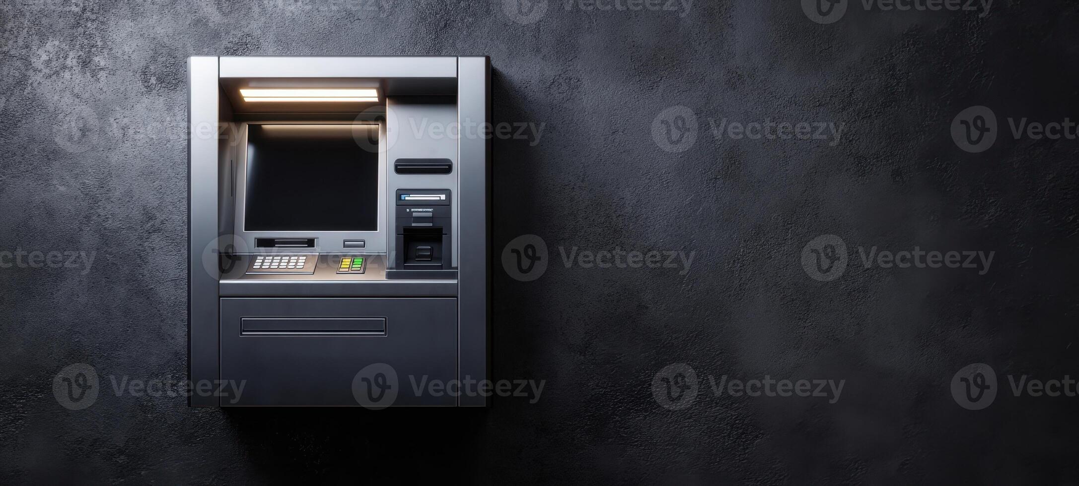 The sleek ATM against a textured dark wall for modern banking solutions. photo