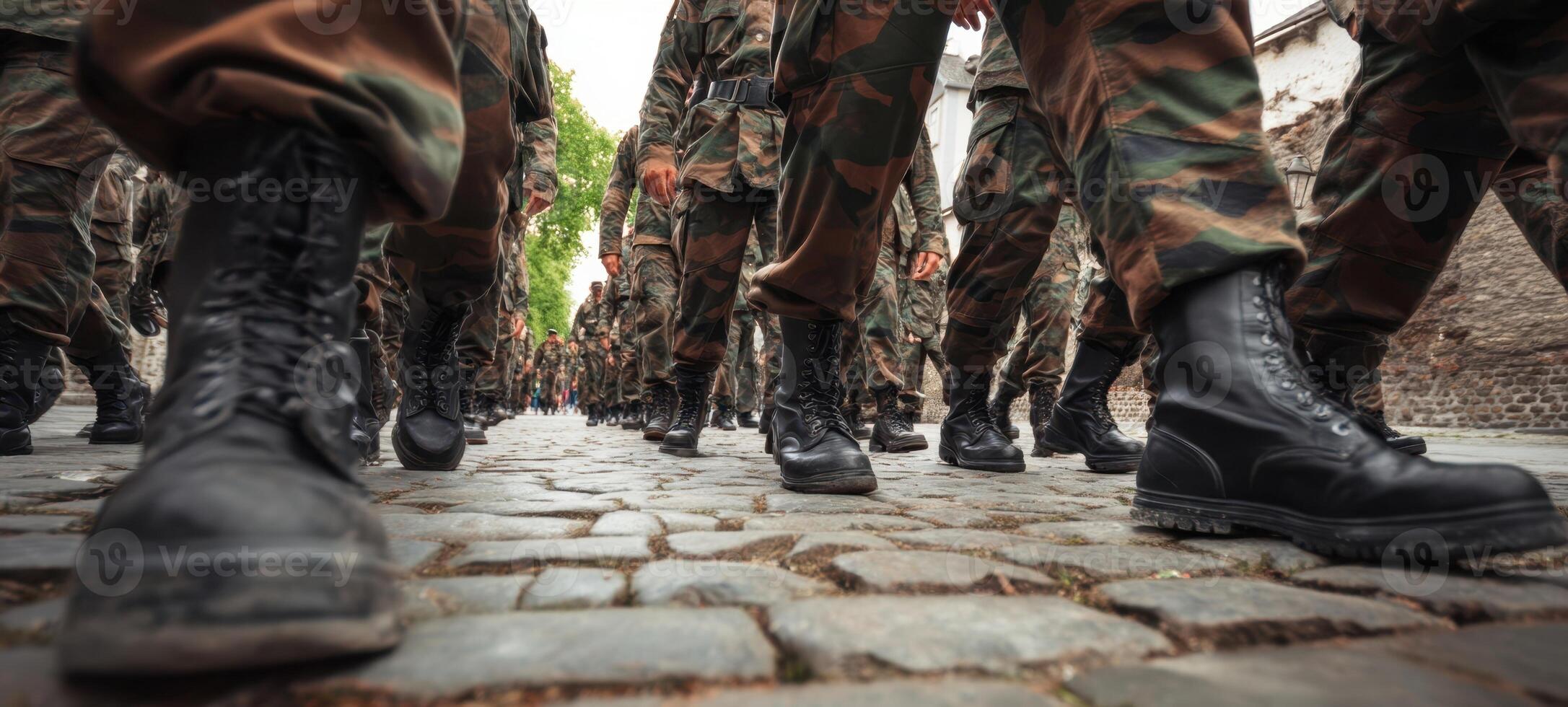 The soldiers in formation marching with determination and discipline on cobblestone streets. photo