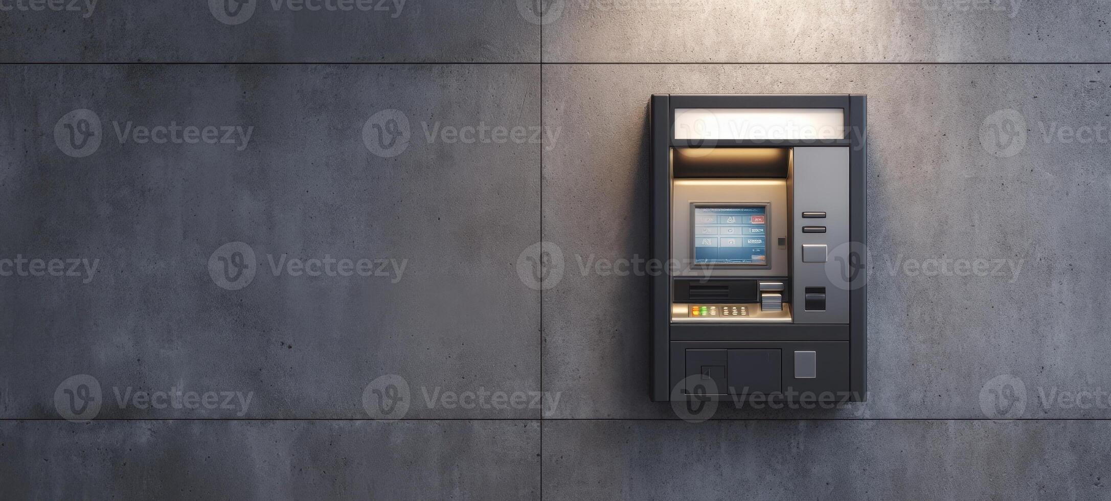 The ATM illuminated on a textured concrete wall for easy access. photo