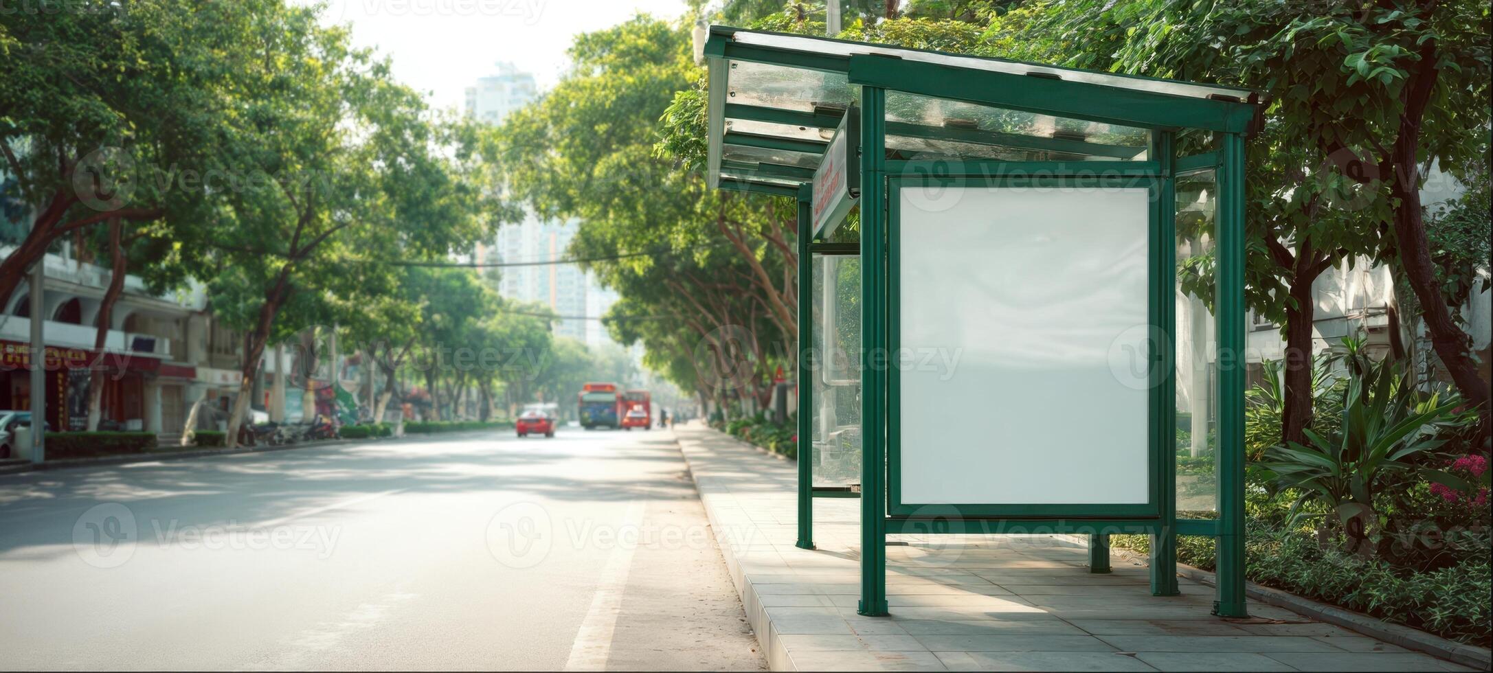 The bus stop shelter awaits commuters in a serene urban environment. photo