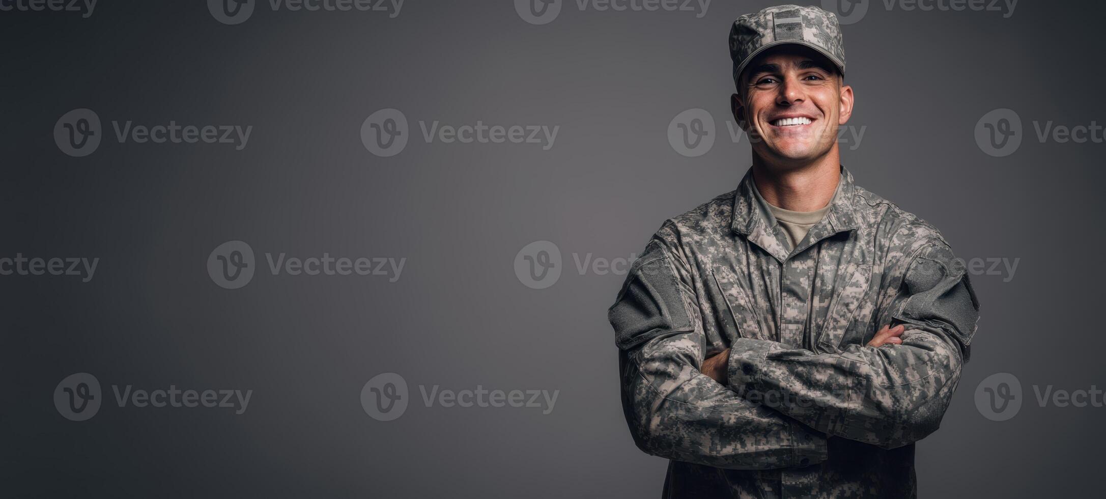 The smiling soldier showcasing pride and dedication in military uniform. photo