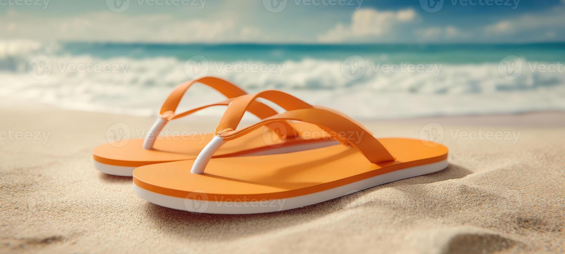 The vibrant orange flip-flops resting on sand near the tranquil ocean waves. photo
