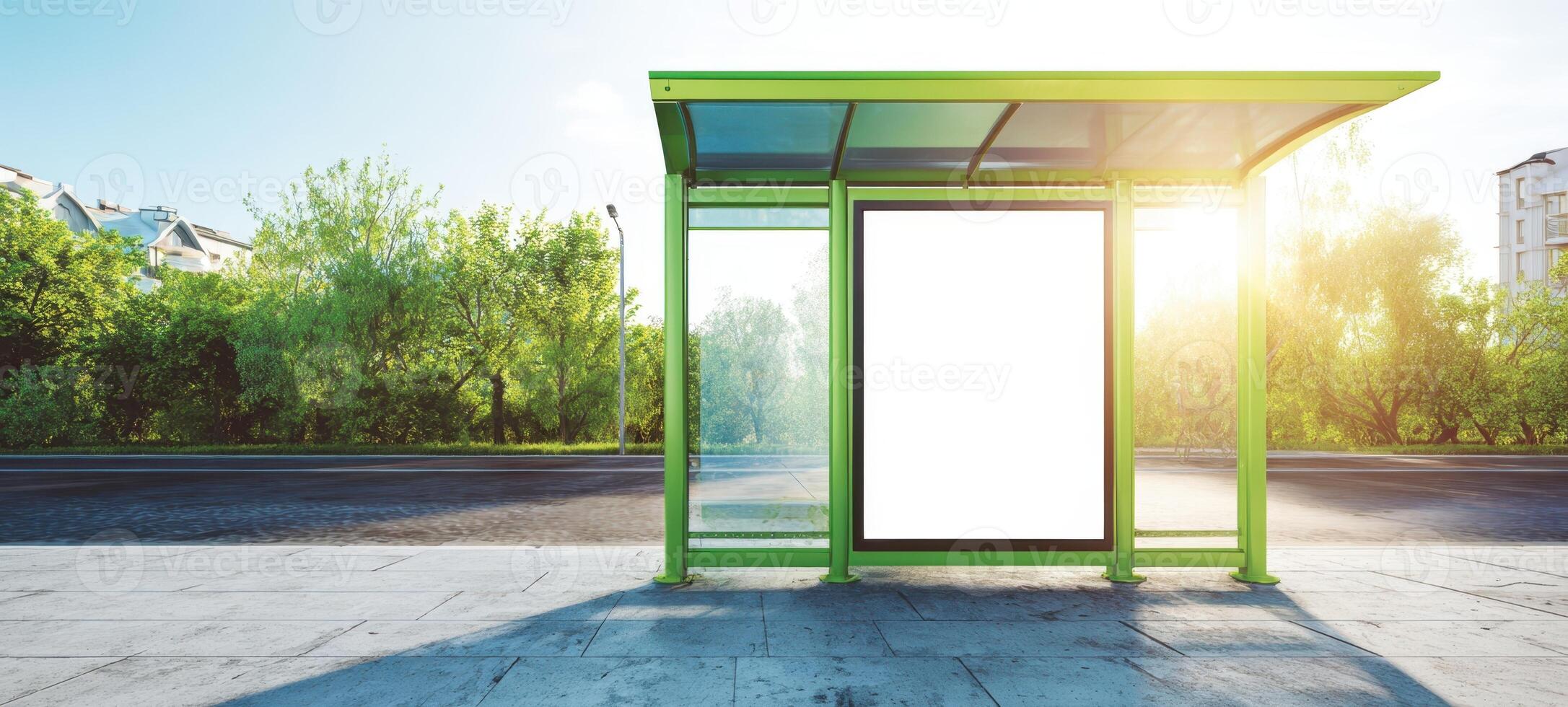 The Green Bus Stop Surrounded by Lush Nature and Warm Sunlight photo