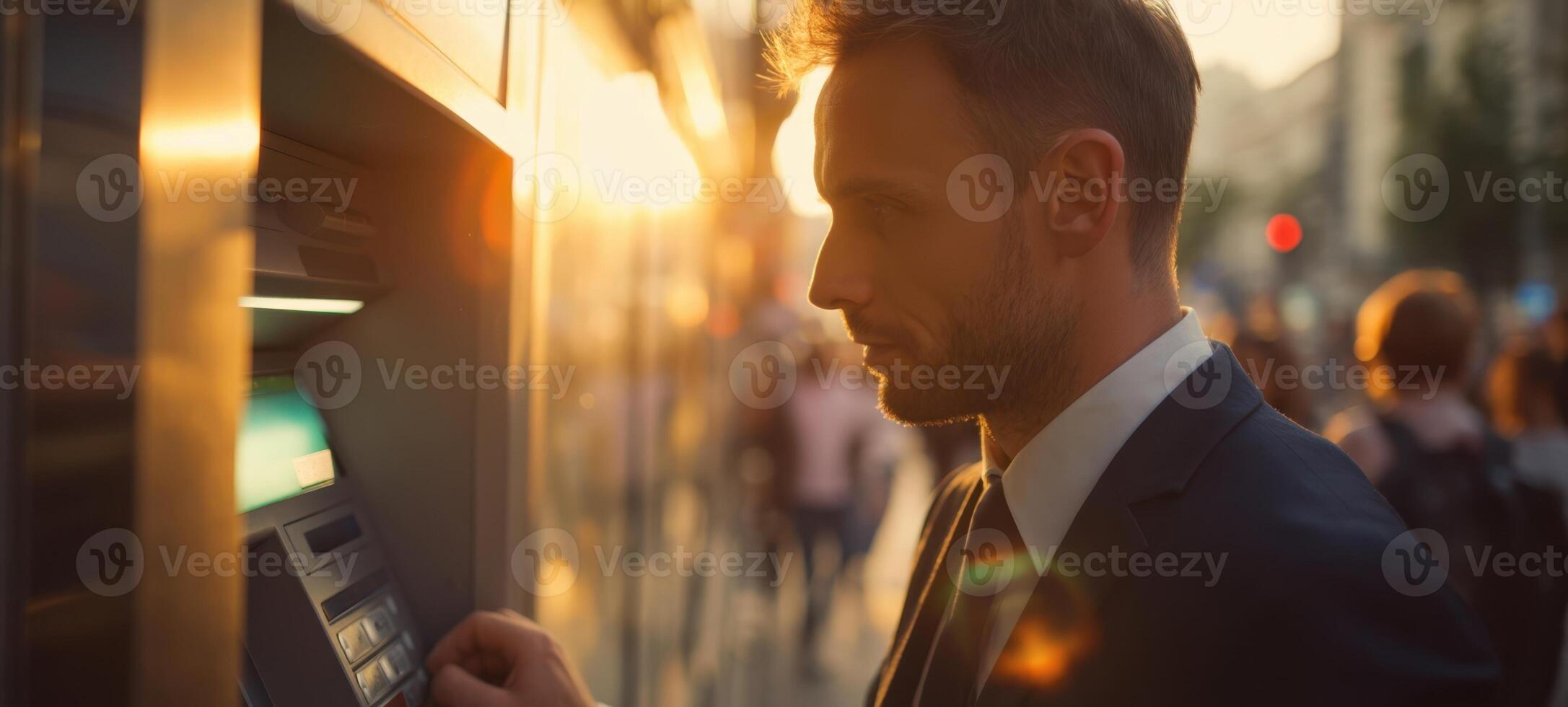 The man using an ATM at sunset in an urban environment. photo