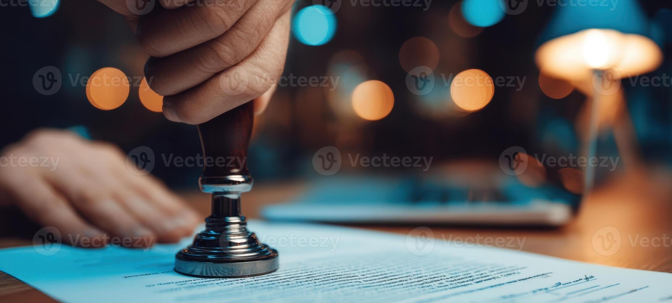 The Hand Pressing a Seal on an Important Document in an Office Setting photo