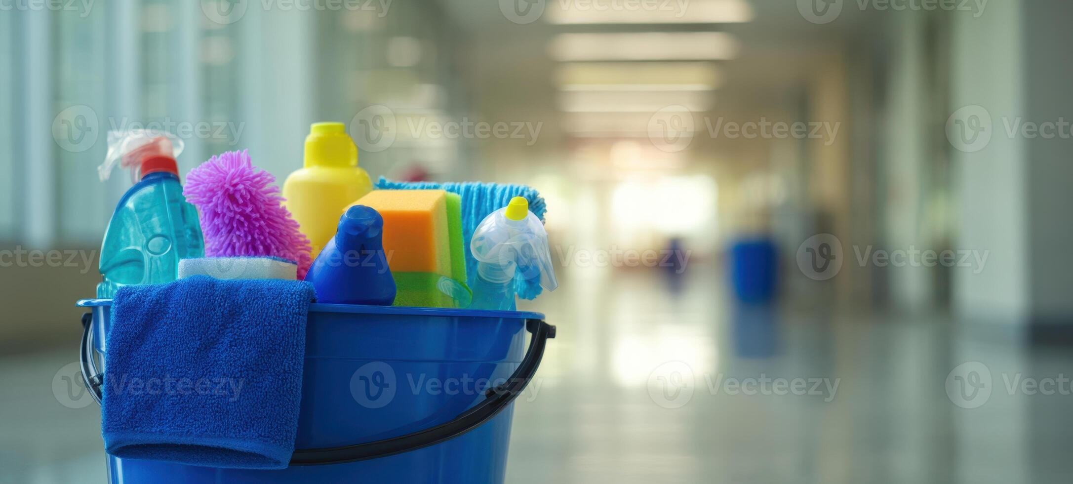 The cleaning supplies arranged in a blue bucket for efficient household maintenance. photo