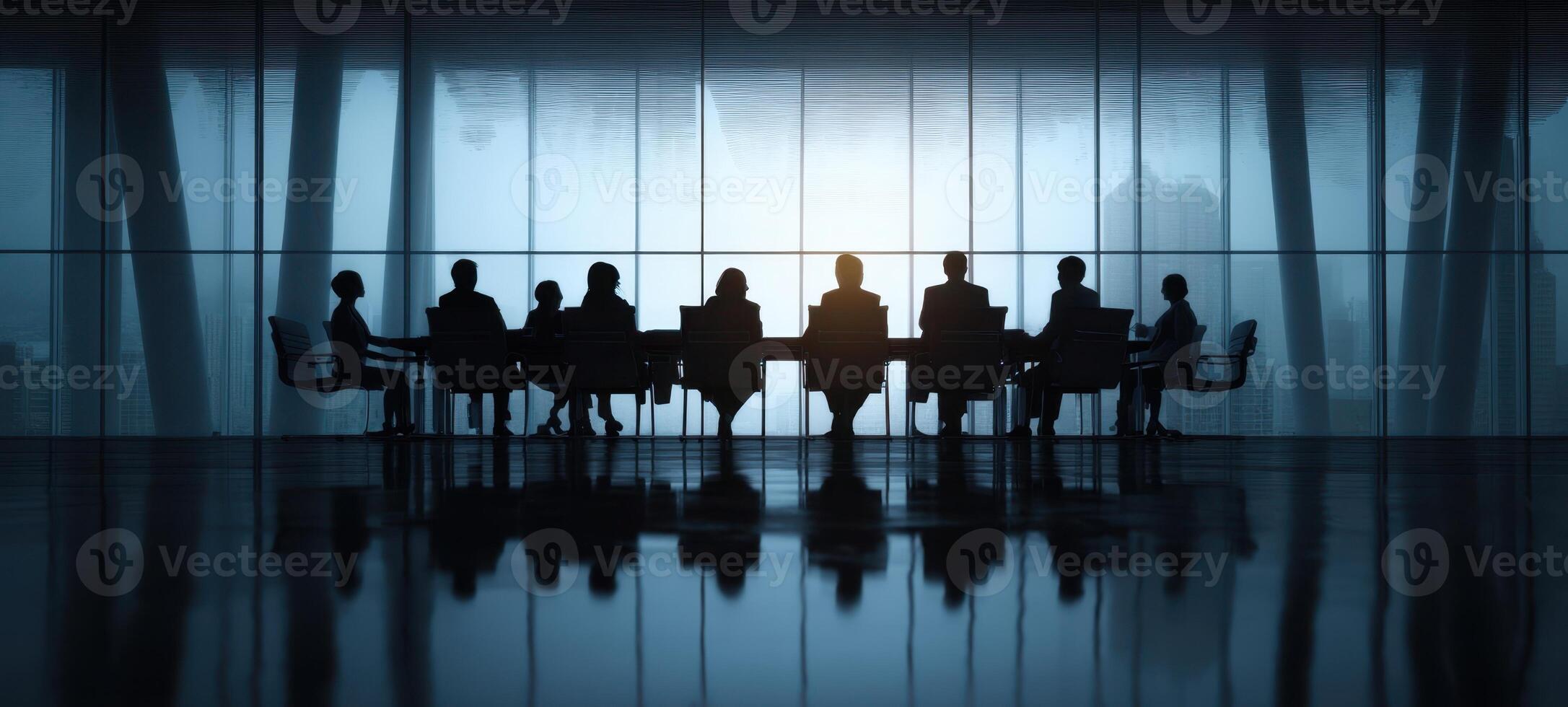The silhouettes of business professionals engaging in a strategic meeting at sunset. photo