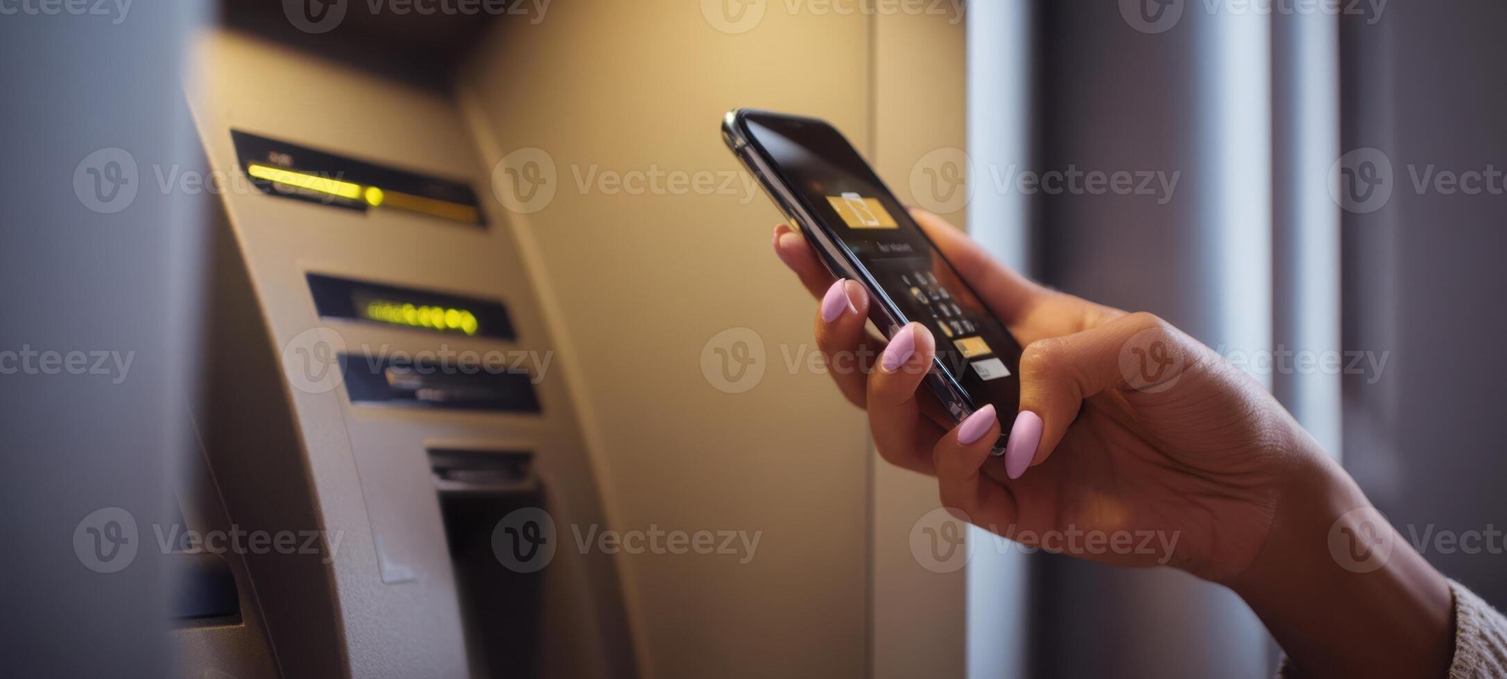 The smartphone user interacting with an ATM for digital transactions. photo