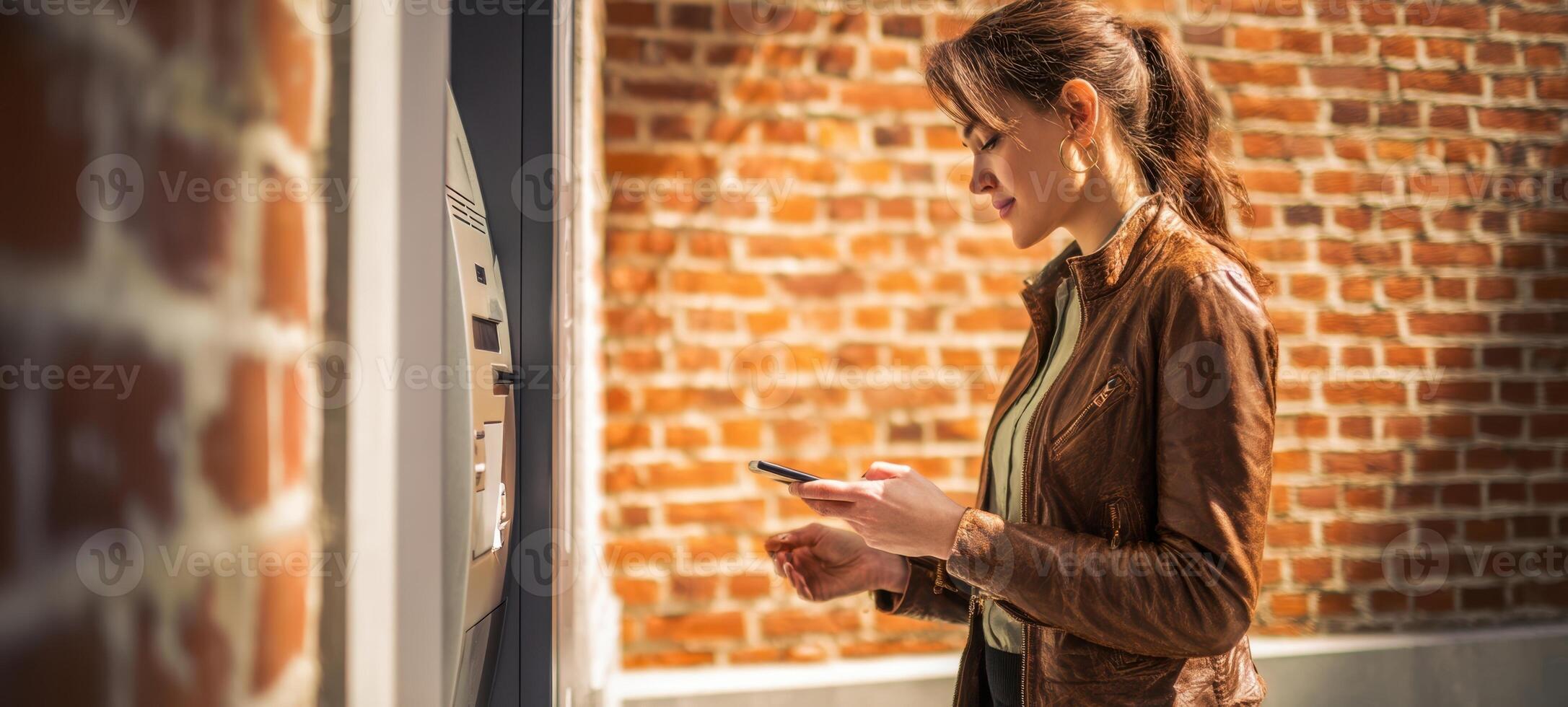 The woman using a smartphone at a modern payment kiosk in an urban setting. photo