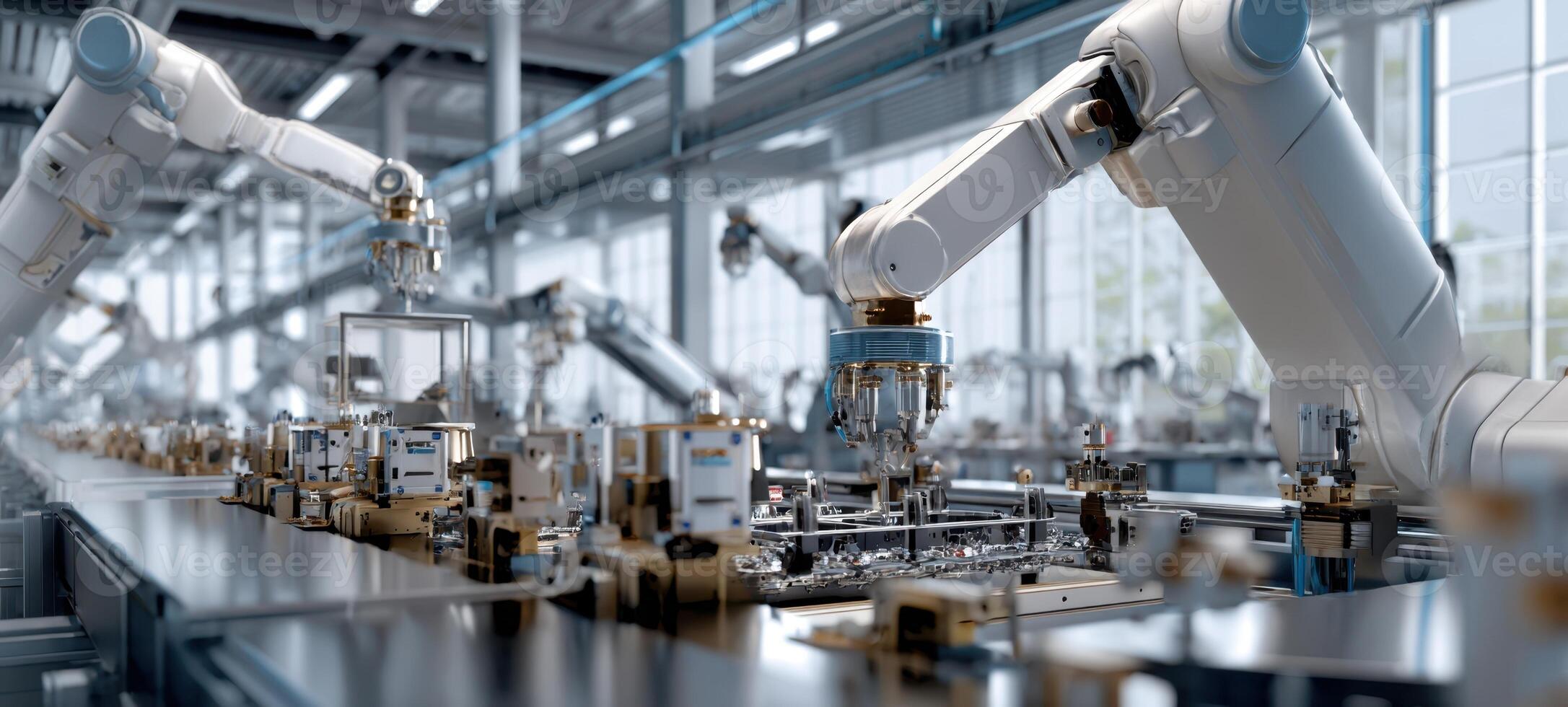 The robotic arms working in a modern automated manufacturing facility. photo