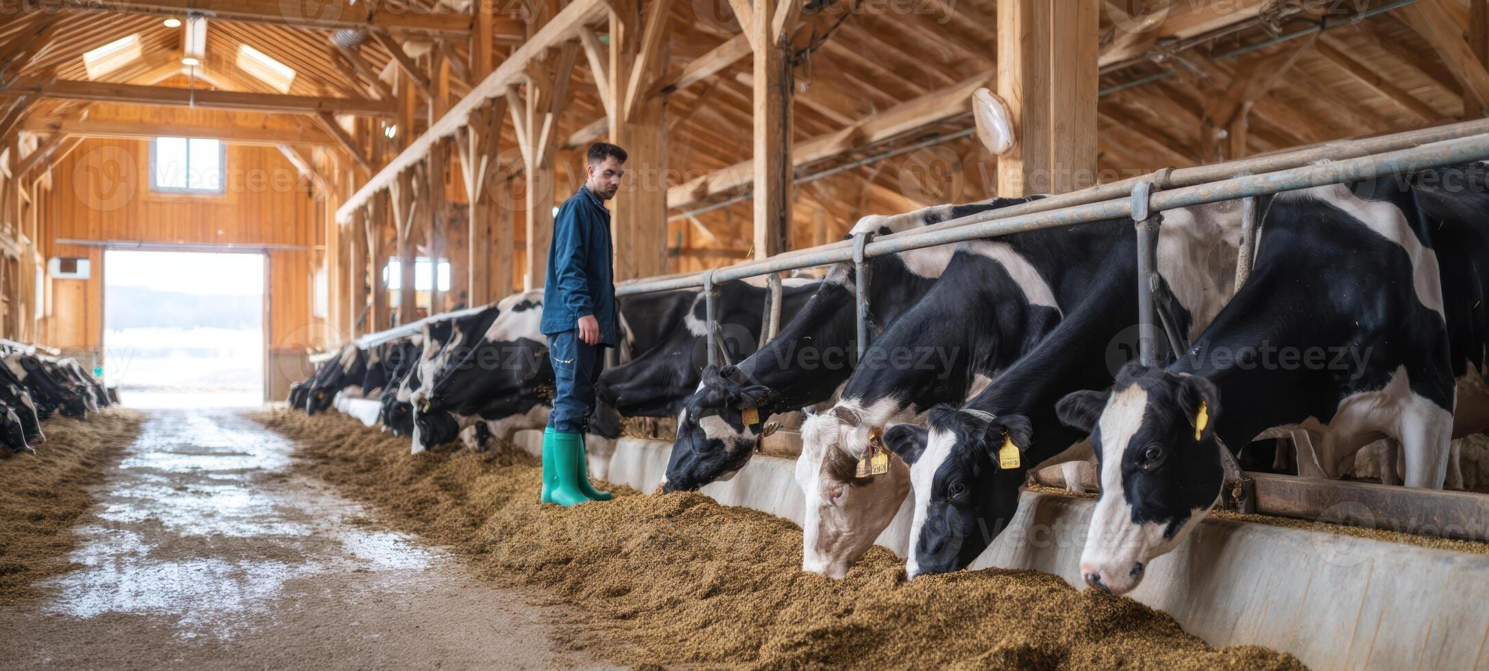 The Farmer Overseeing Cows in a Modern Dairy Barn photo