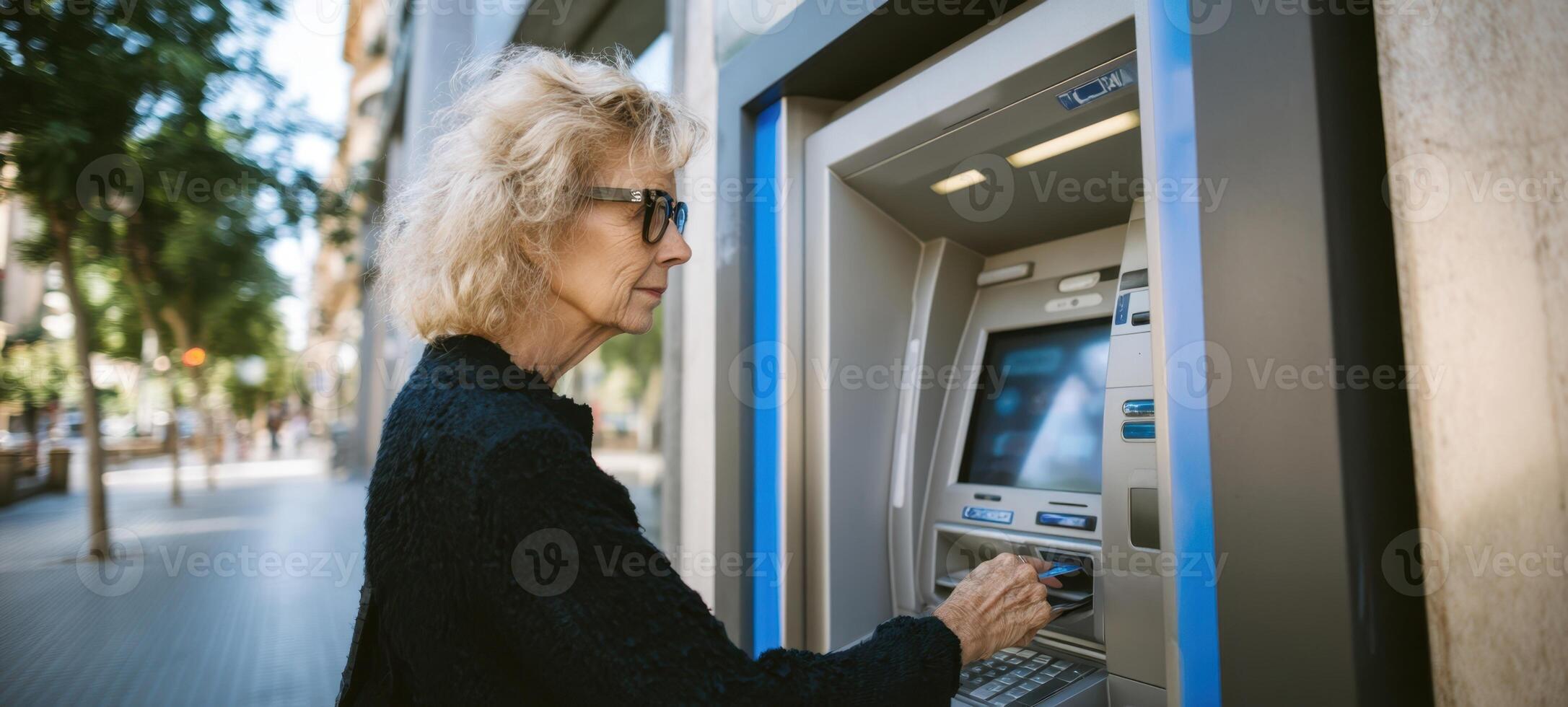 The older woman using an ATM in a vibrant urban setting. photo
