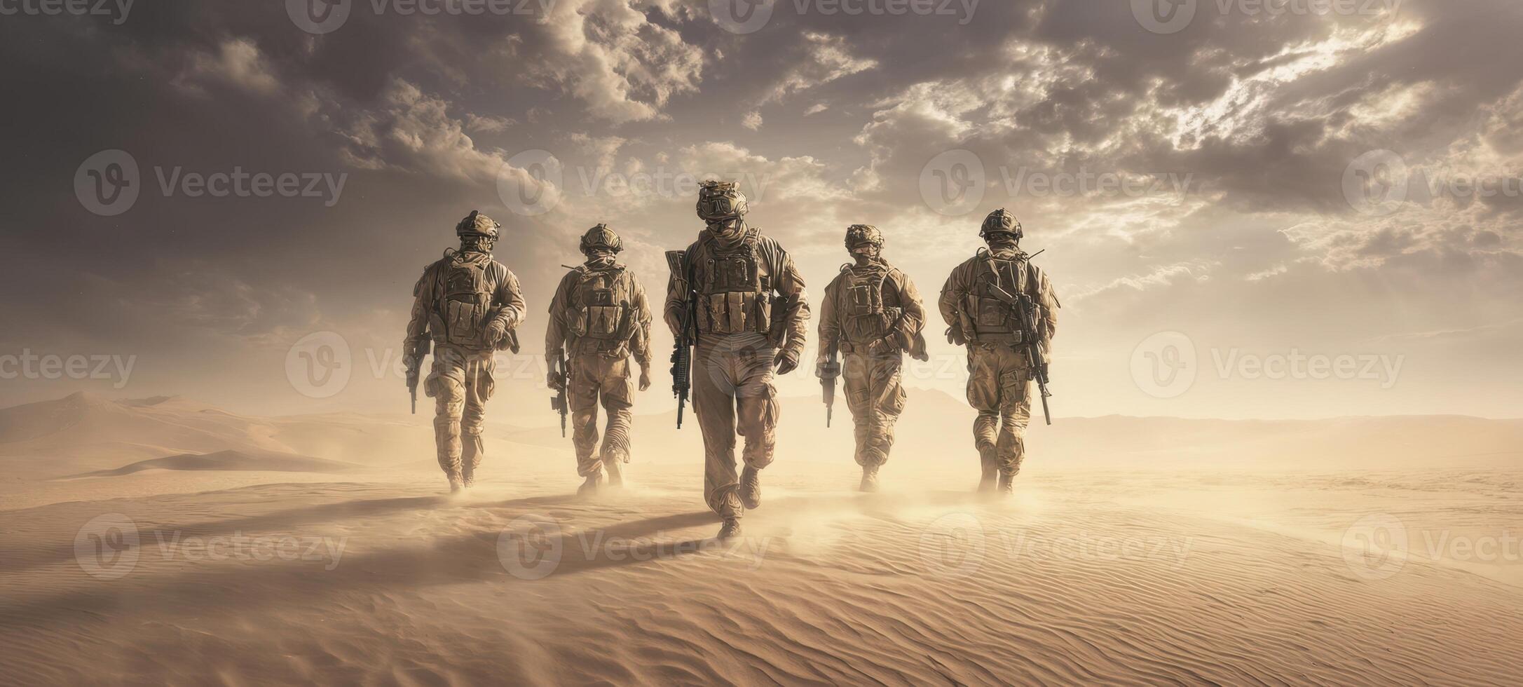 The soldiers marching confidently through the vast desert landscape at sunset. photo