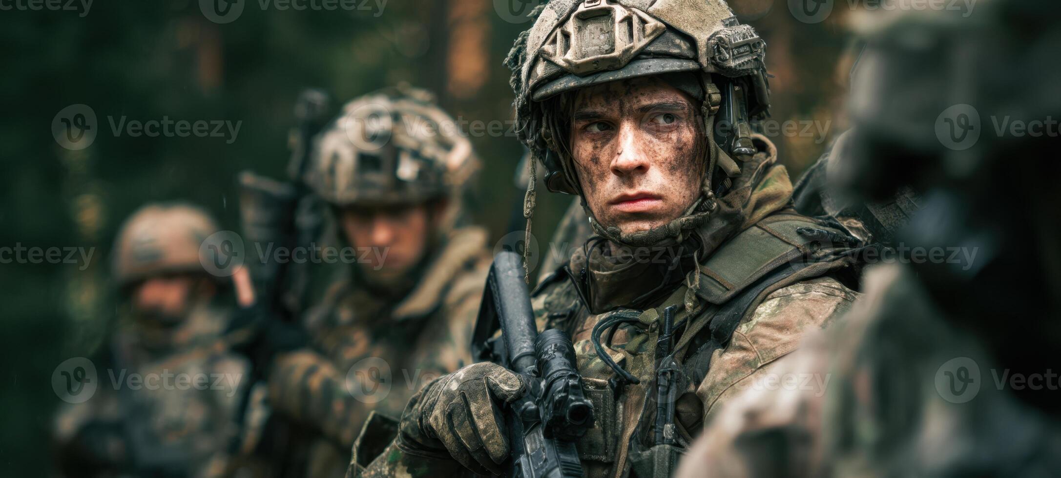 The soldier in focus amidst a tense military training exercise in the forest. photo