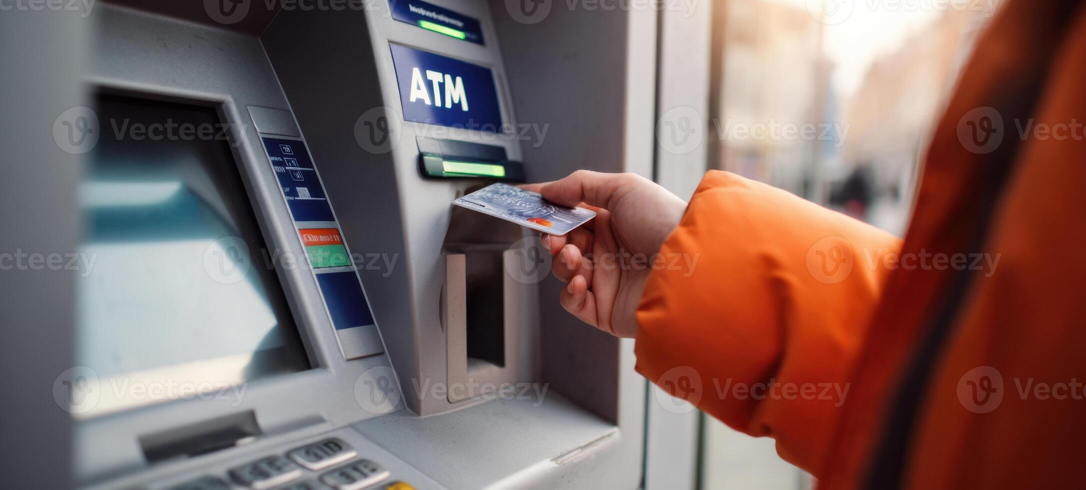 The user interacting with an ATM for a secure banking transaction. photo