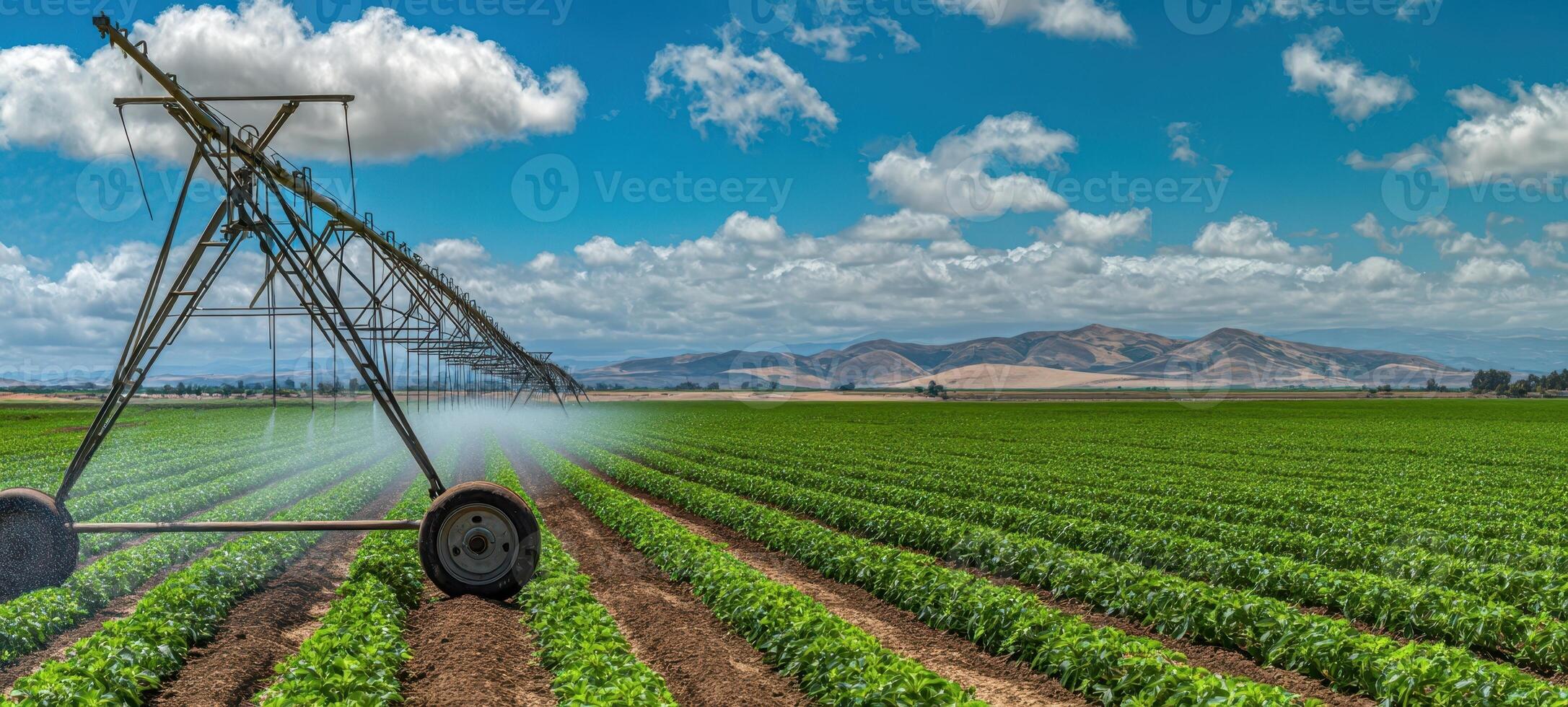 The irrigation system enhancing growth in lush green farmland under a blue sky. photo