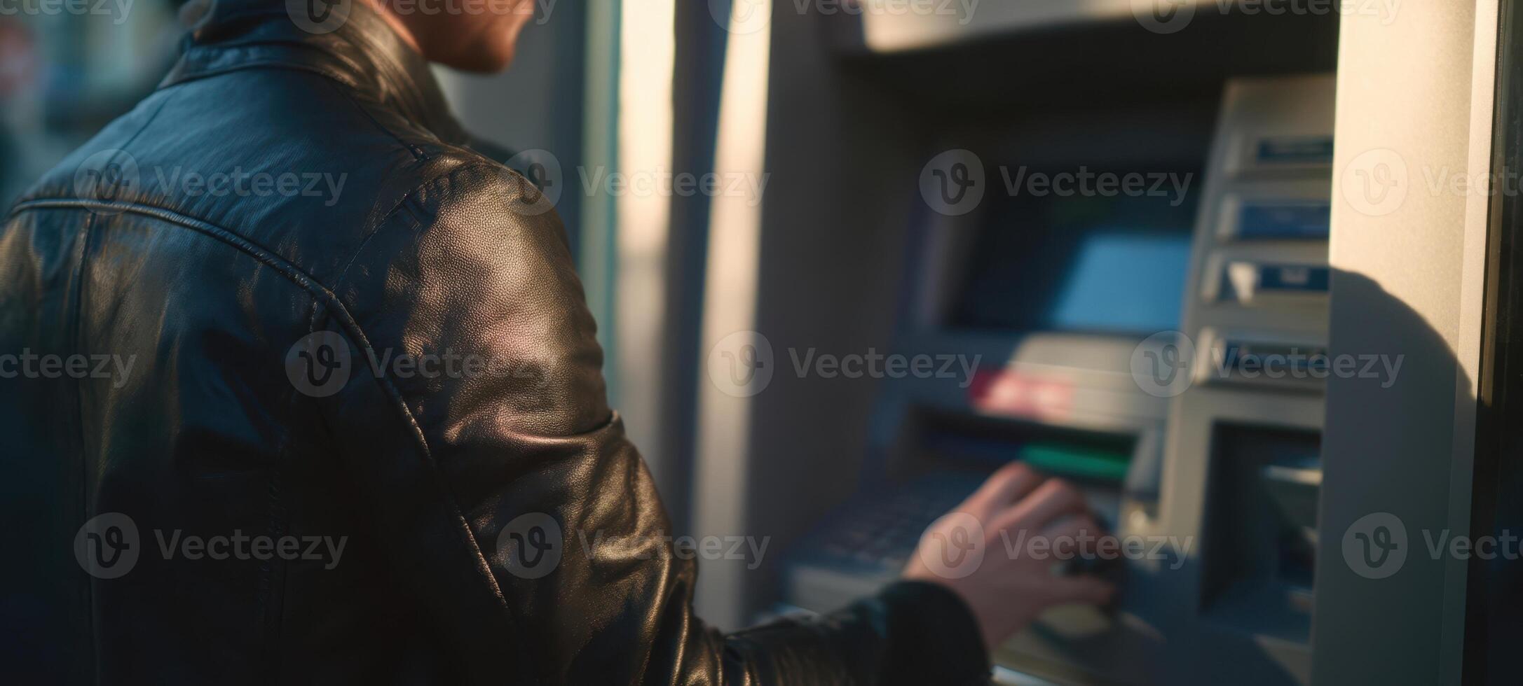 The person using an ATM in an urban setting at sunset. photo
