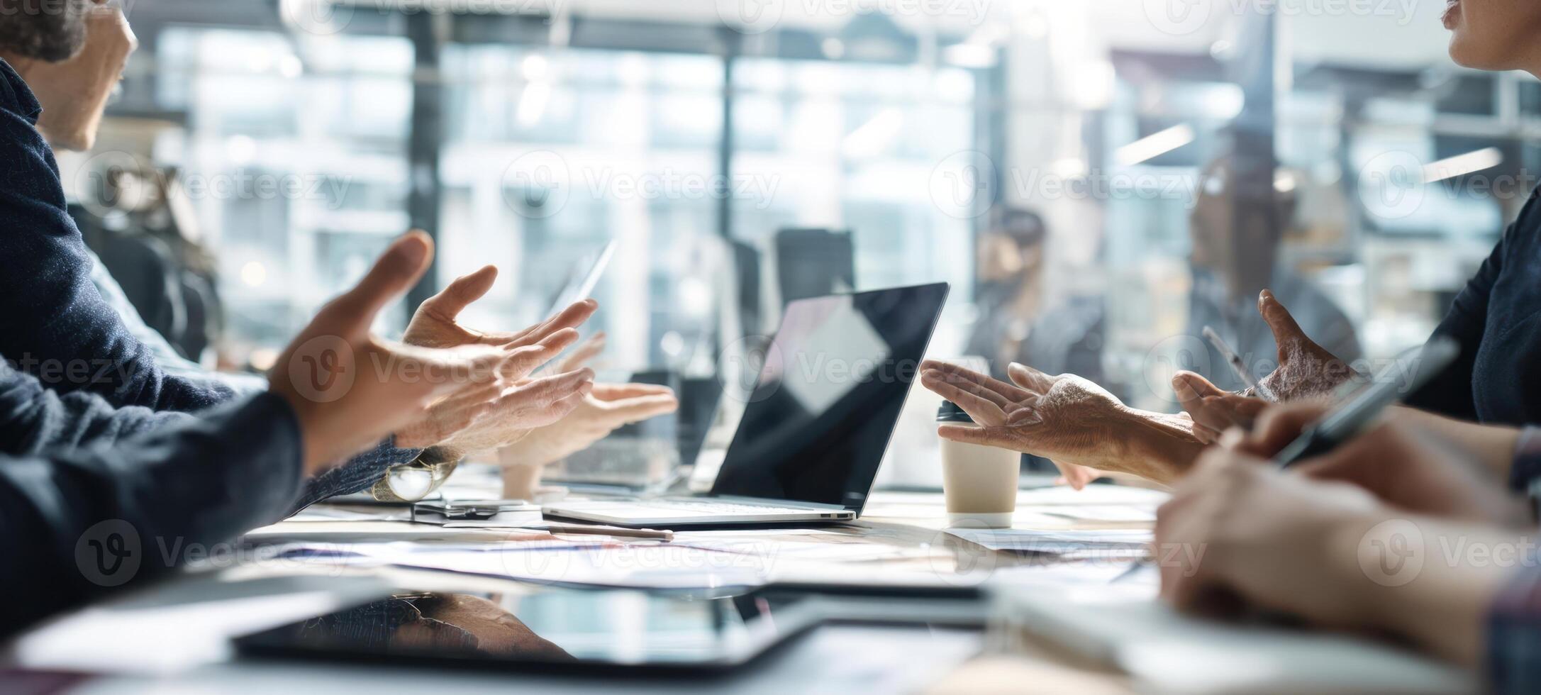 The dynamic meeting capturing teamwork and collaboration in a modern office setting. photo