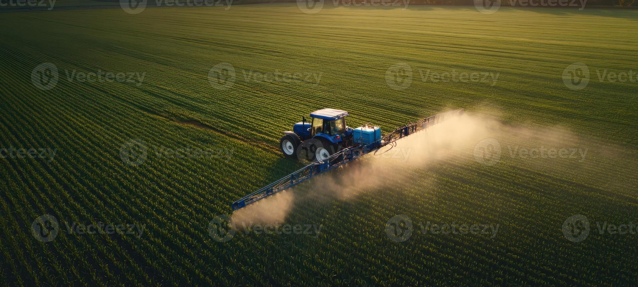 The tractor spraying pesticide over a vast green field during sunset. photo