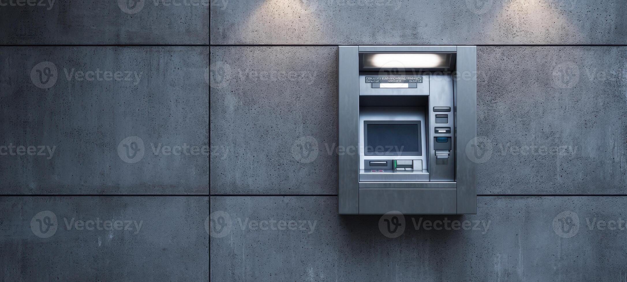 The automated teller machine mounted on a concrete wall with stylish illumination. photo