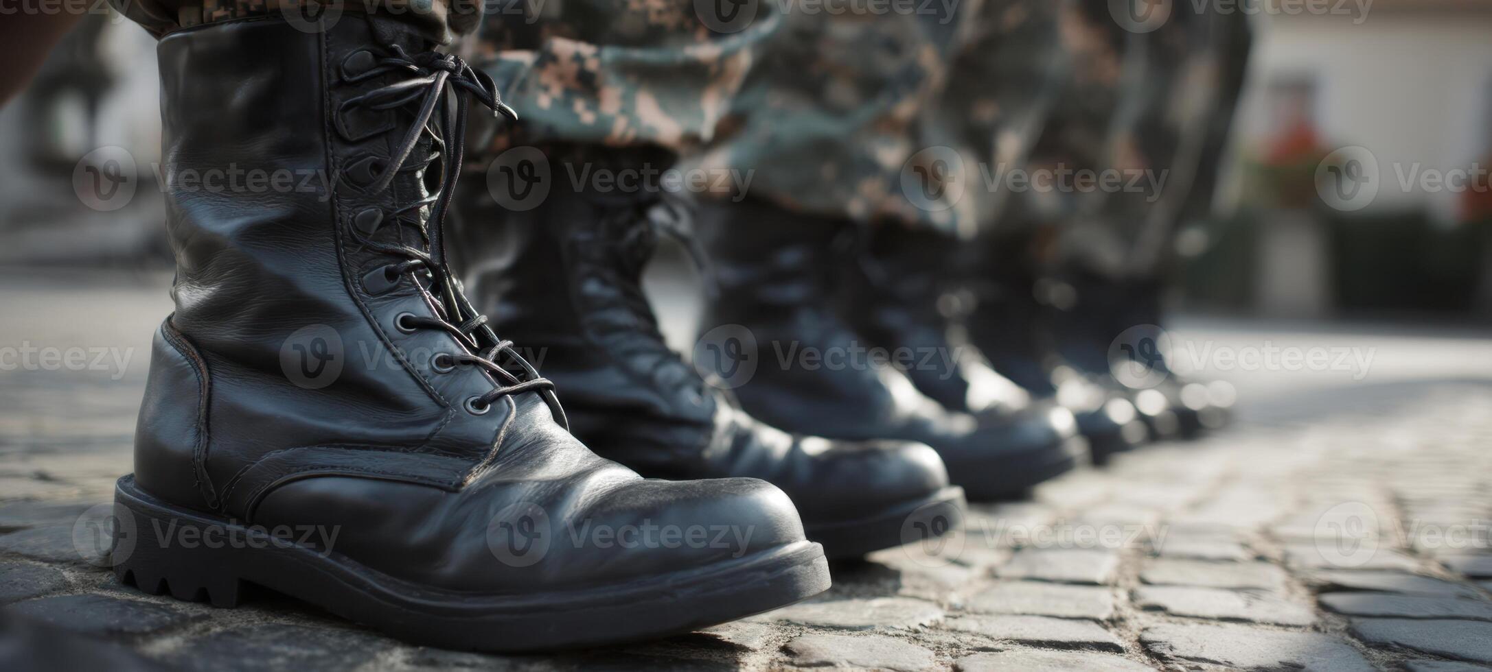 The soldier's boots lined up in formation on a cobblestone street. photo
