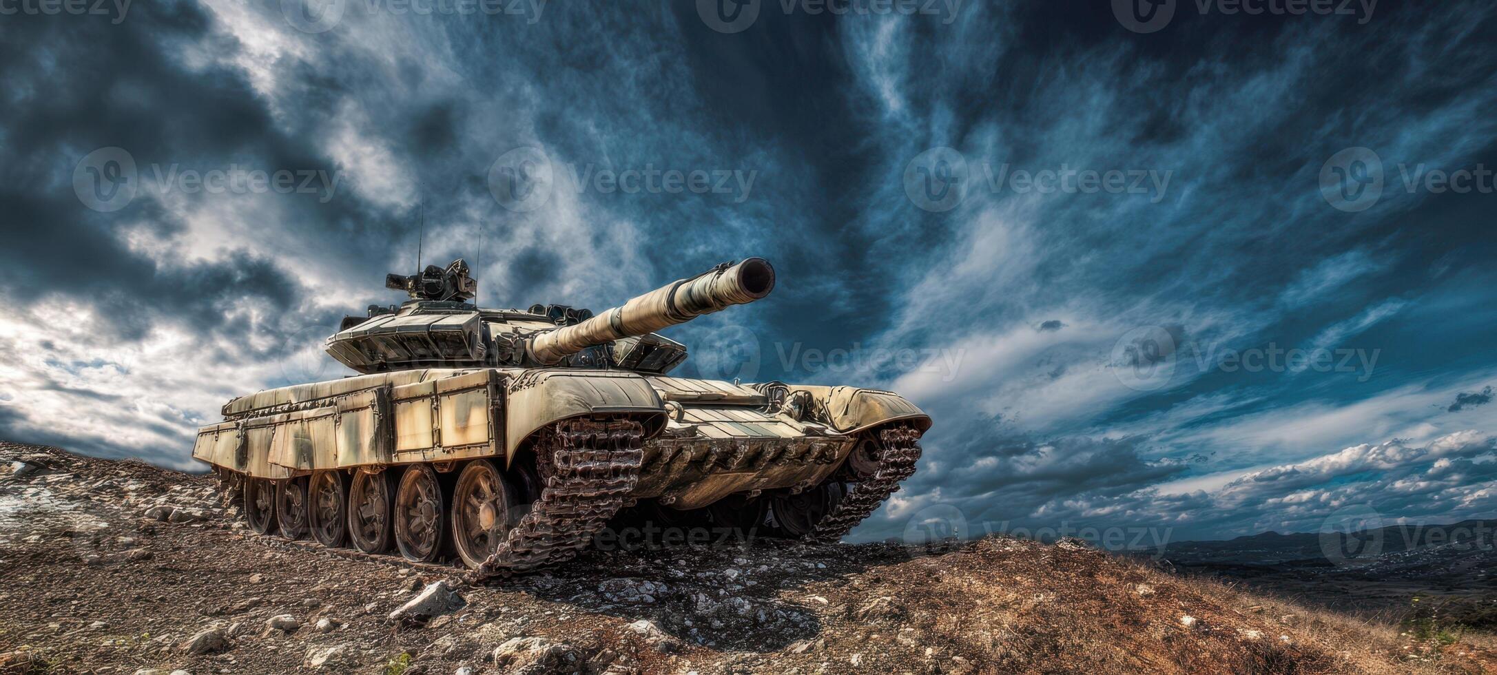 The powerful tank commanding the dramatic landscape under a stormy sky photo
