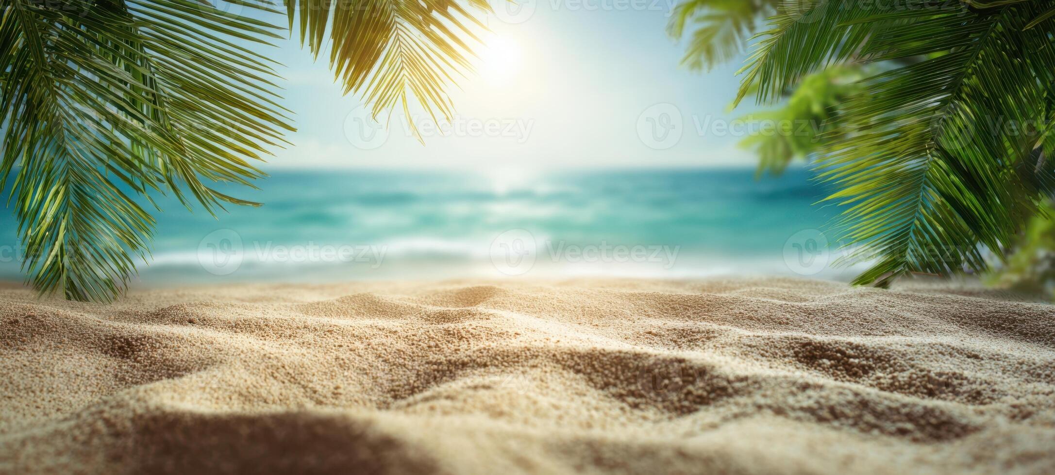 The serene beach scene with sunlit waves and lush palm branches. photo