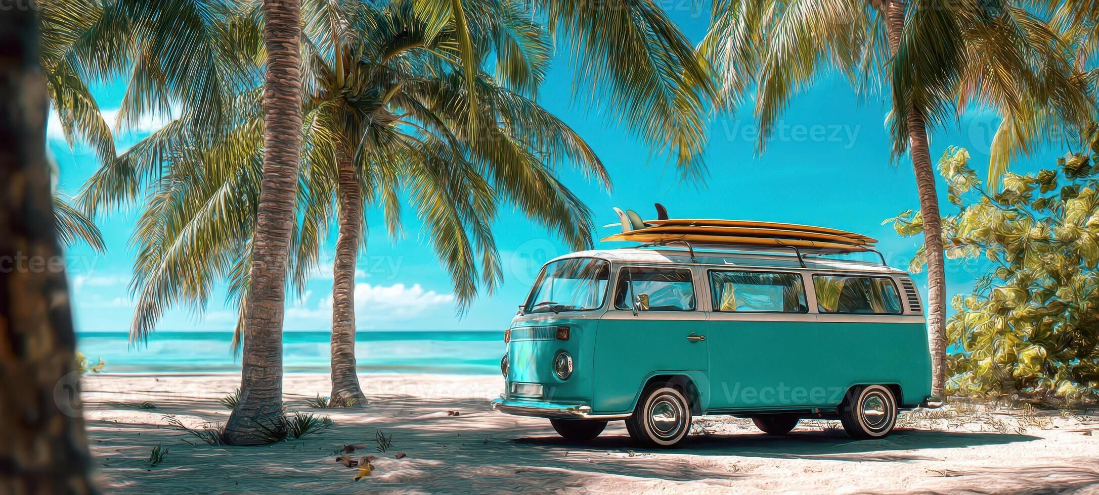 The vibrant turquoise van parked under palm trees at a beautiful beach. photo