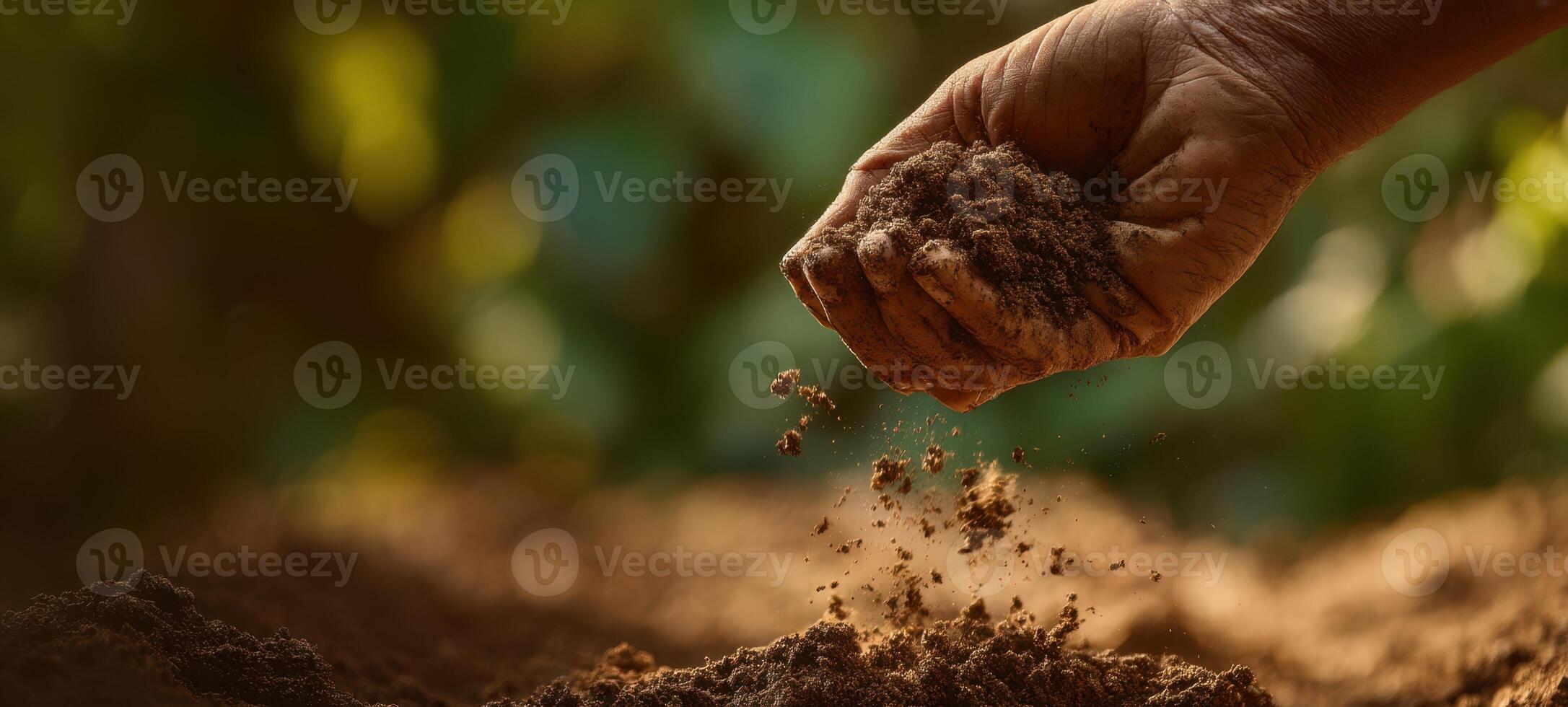 The hand gently releasing soil into the earth for nurturing plants. photo