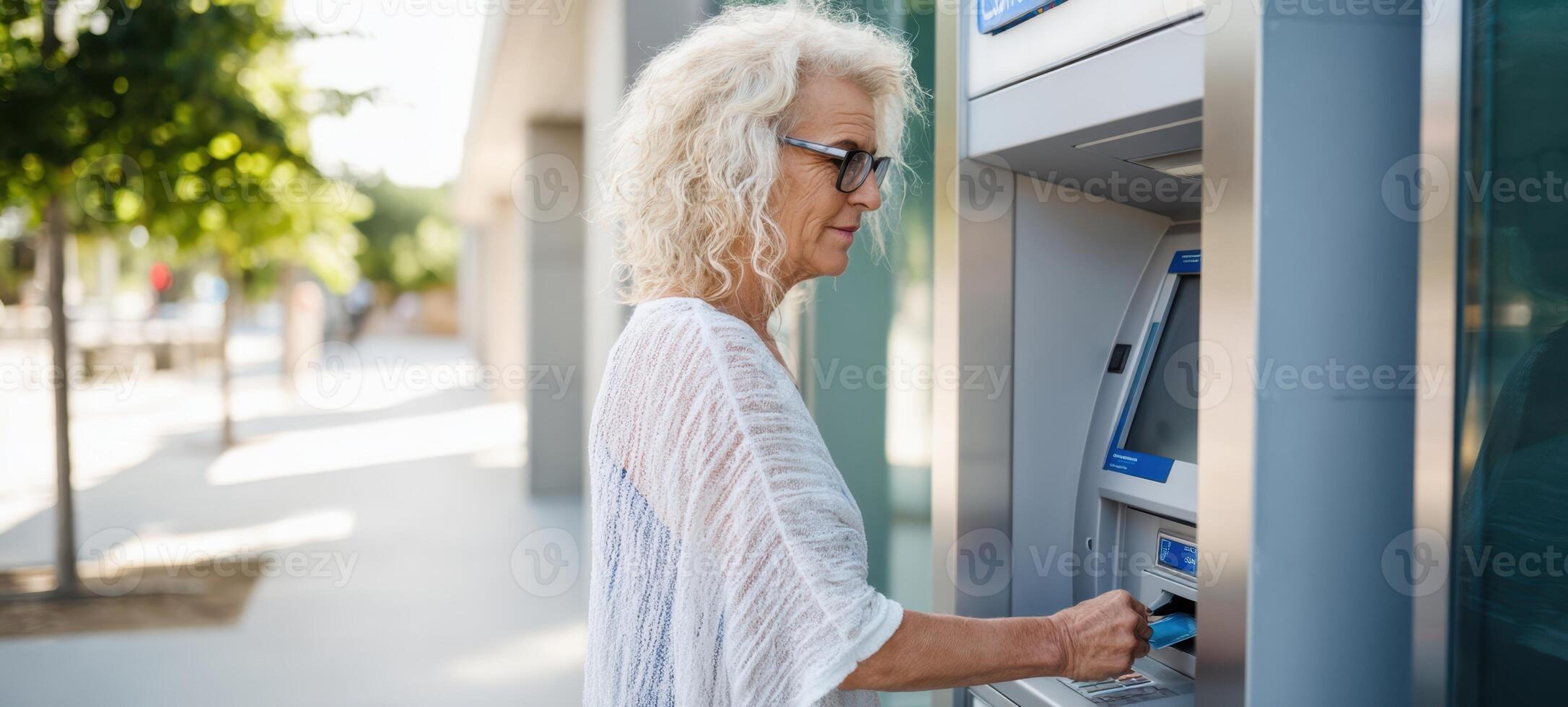 The elderly woman using an ATM in a sunny urban environment. photo