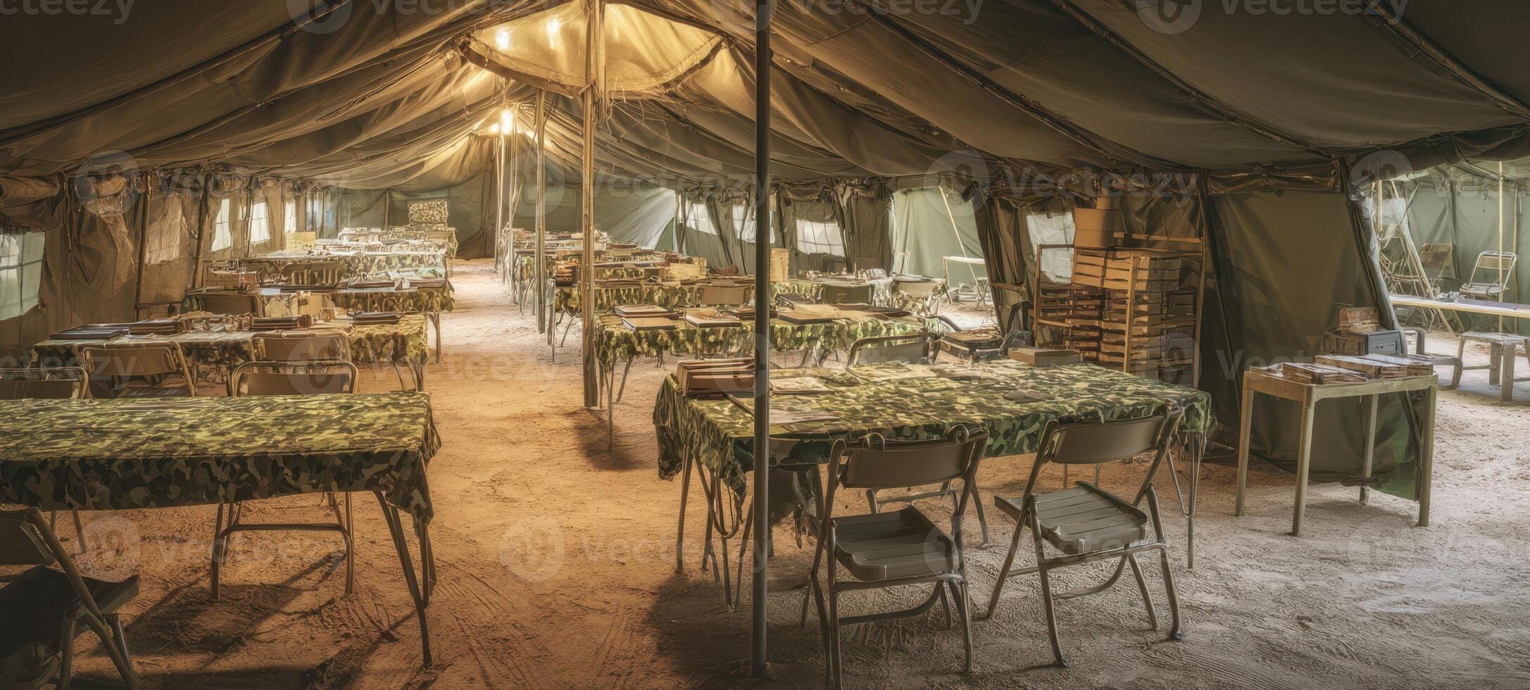 The spacious military tent interior with organized tables and comfortable seating. photo