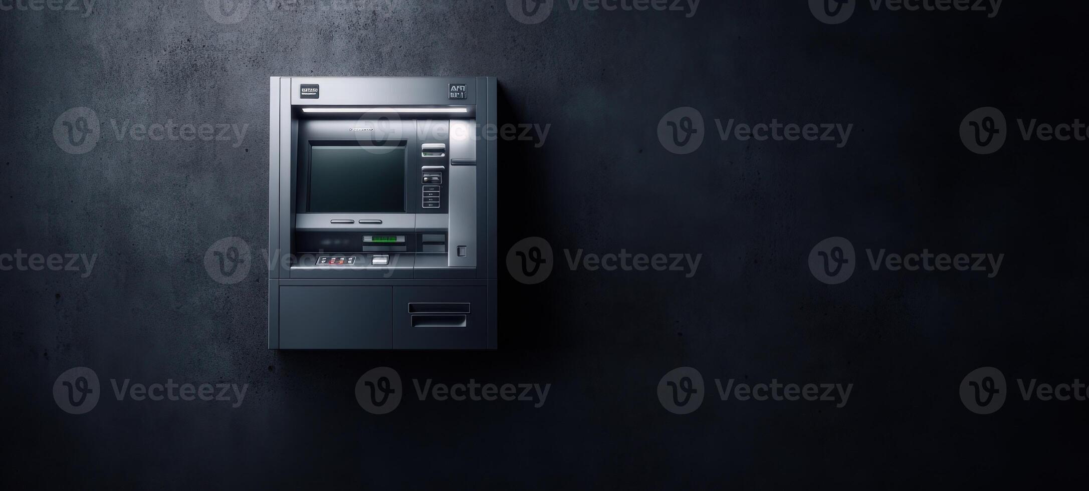 The modern ATM machine against a minimalist dark background. photo