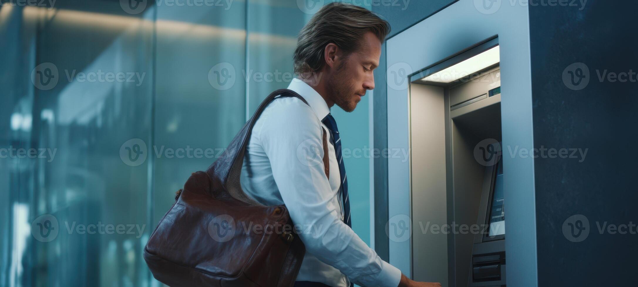 The businessman using an ATM in a modern office environment. photo