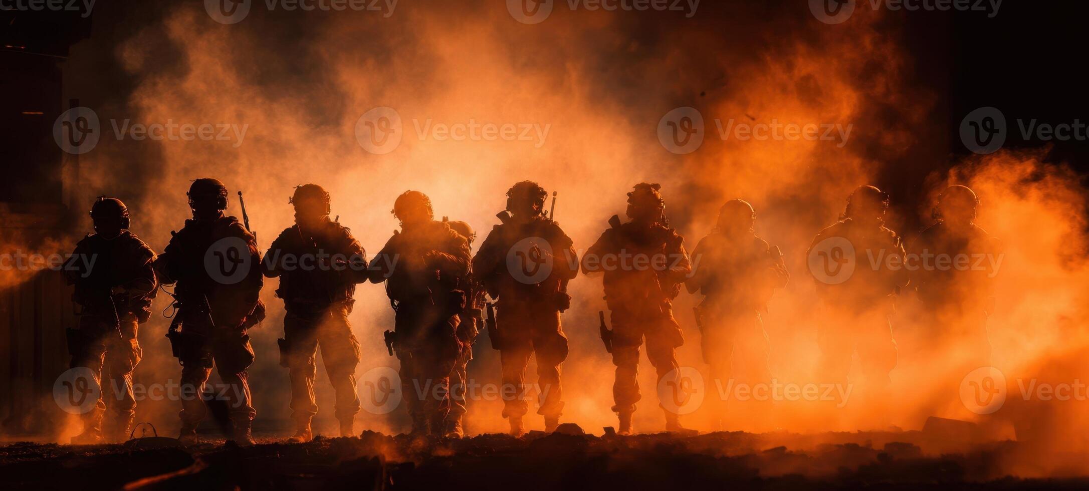 The silhouettes of soldiers emerge from smoke during a dramatic military operation. photo