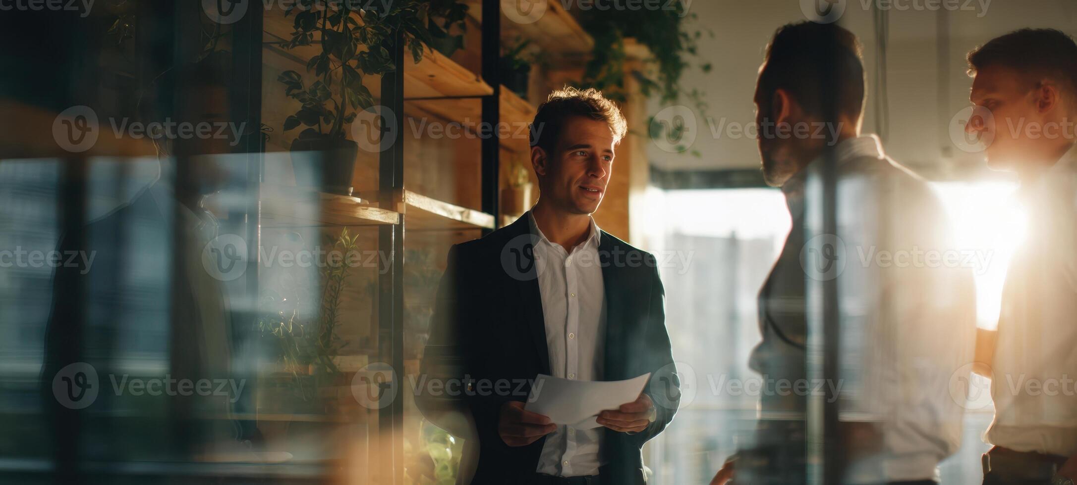 The group of professionals discussing ideas in a modern office setting. photo