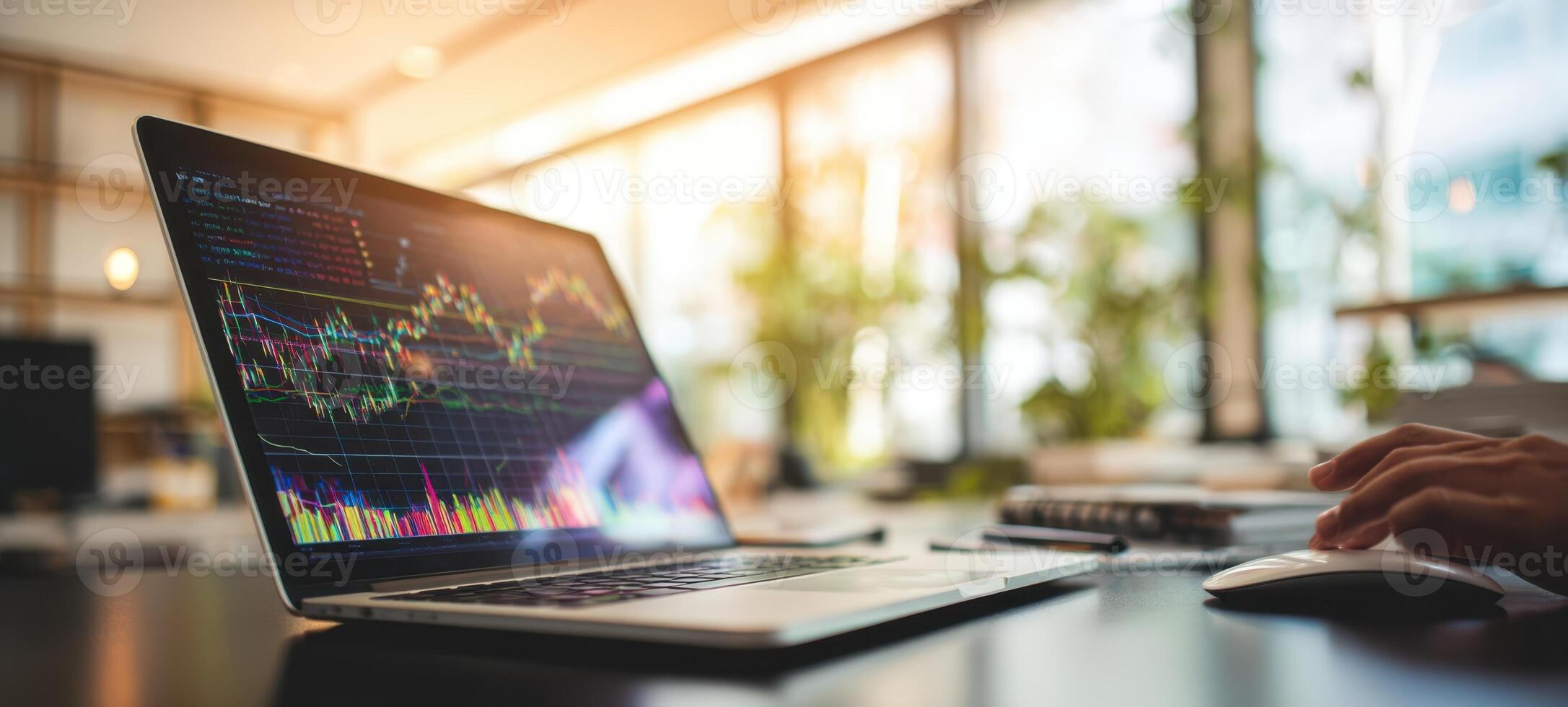 The laptop displaying vibrant financial data in a modern office setting. photo