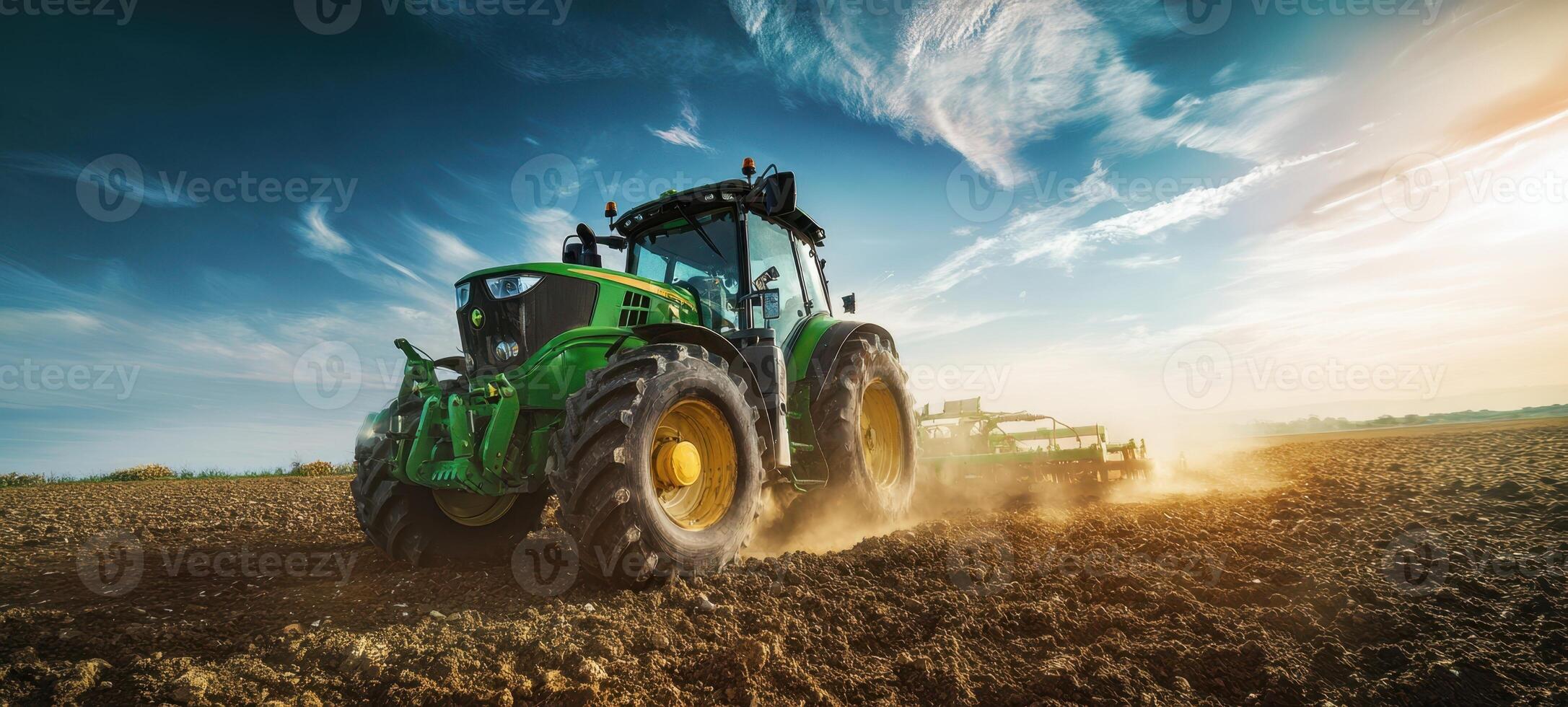 The powerful tractor plowing through fields under a bright blue sky. photo