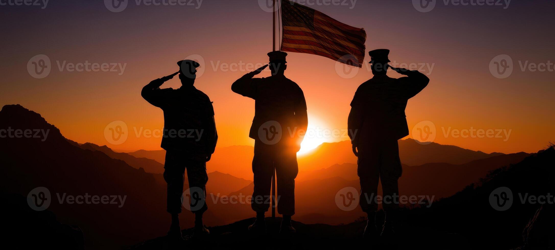 The Soldiers Saluting Under a Beautiful Sunset with an American Flag photo