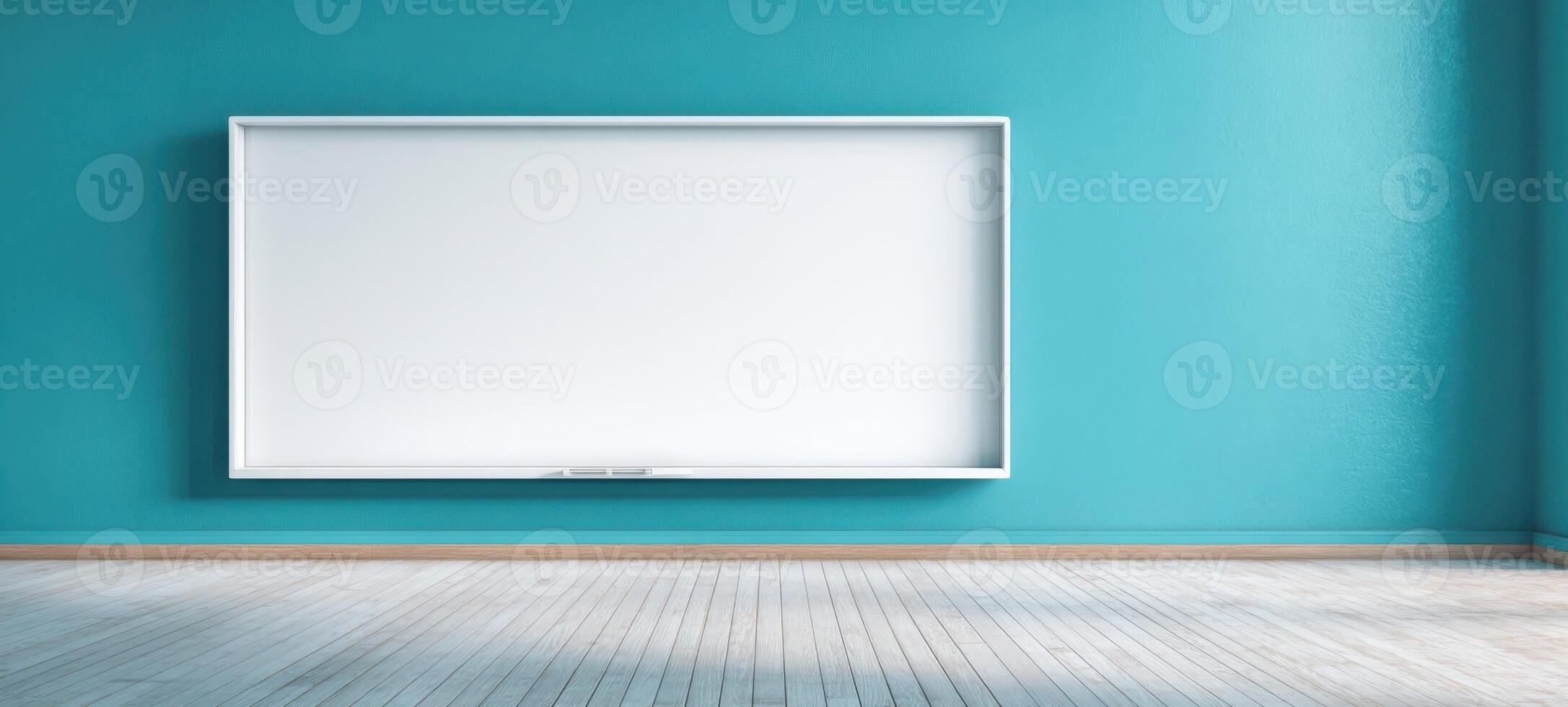 The modern whiteboard on a turquoise wall in a stylish interior space. photo